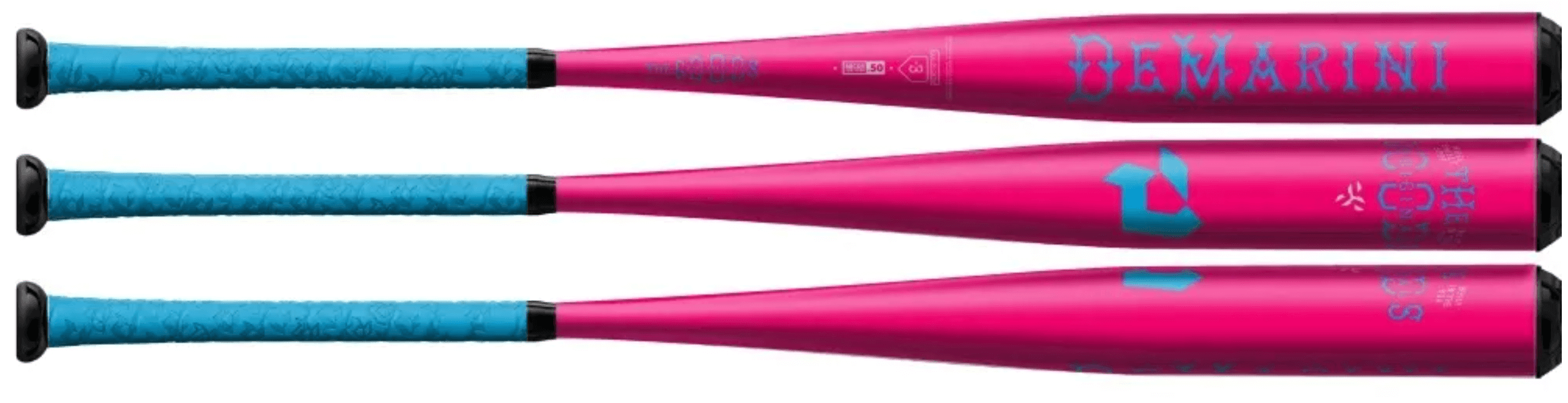 DeMarini Goods One Piece Limited Edition Pink Storm BBCOR bat featuring vibrant pink and blue design for serious players.
