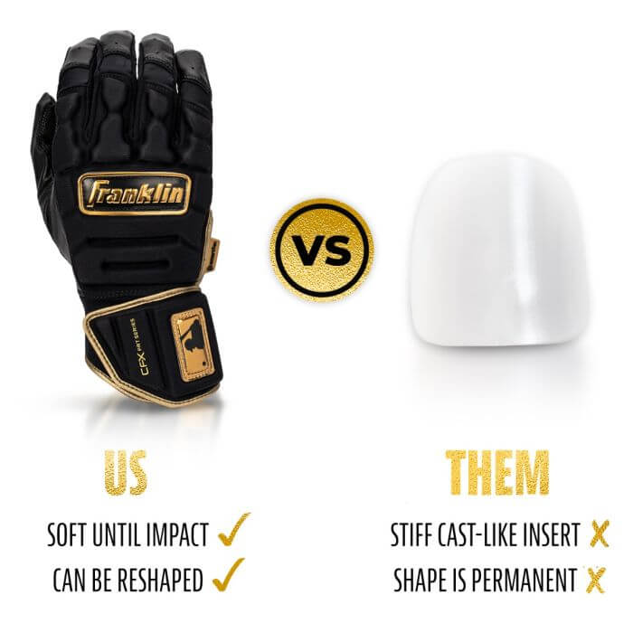 Franklin CFX Pro PRT Series Black/Gold batting glove comparison highlighting softness and reshaping versus a stiff insert.