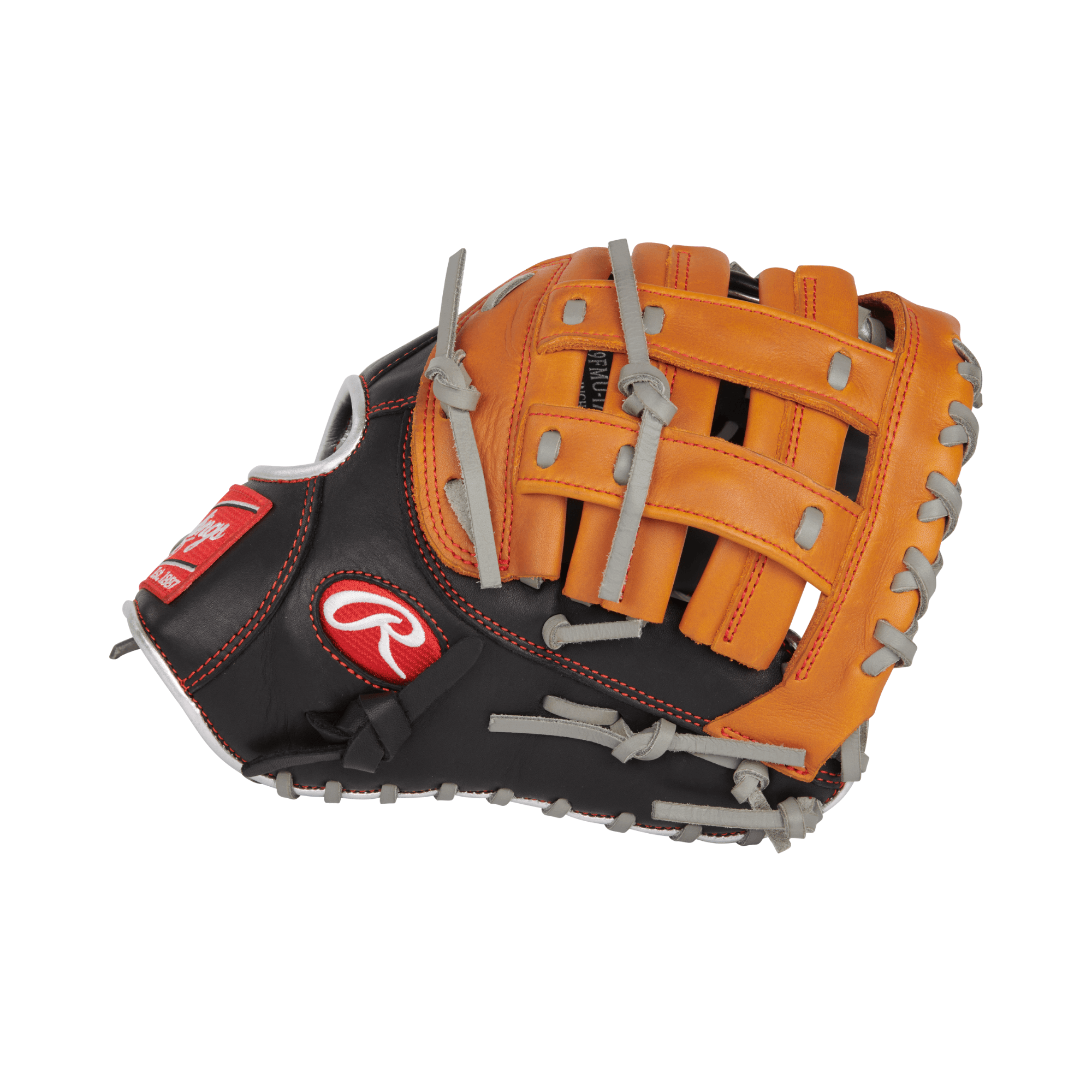 Rawlings R9 Contour Fit 12" First Base Mitt in black and orange, designed for youth players.
