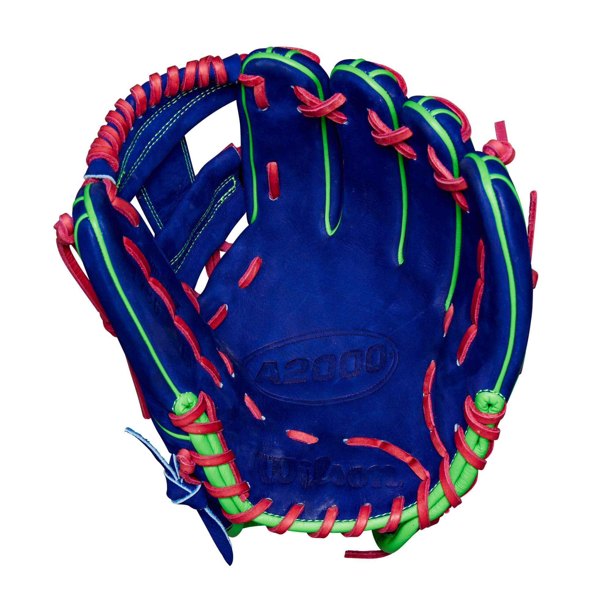 Wilson A2000 January 2024 Glove of the Month 11.5" Blue Velvet with Neon Green and Flamingo Pink accents.