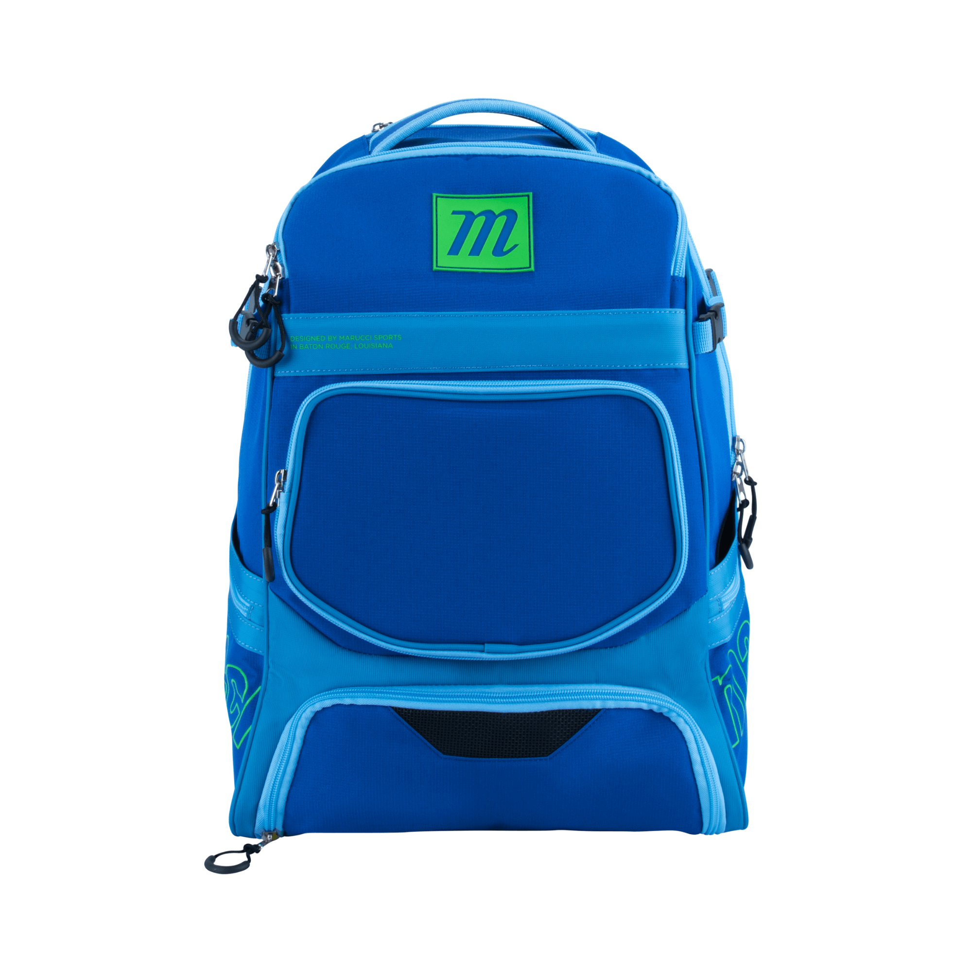 Marucci Rangr Bat Pack in Royal Blue and Columbia Blue with spacious compartments for baseball gear storage.