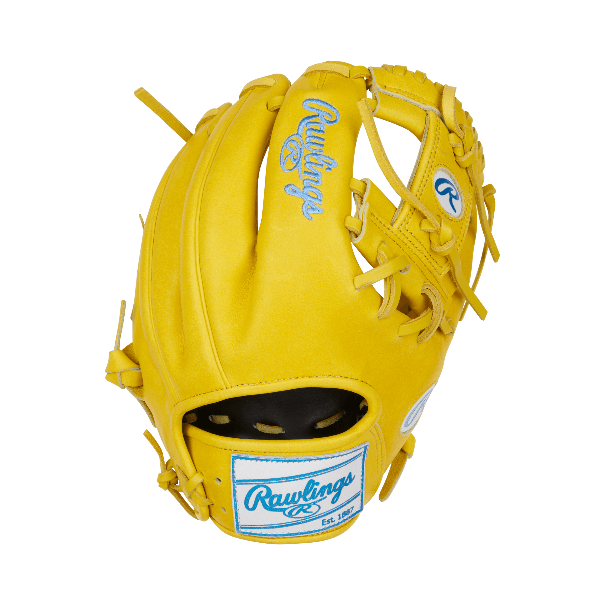 Back view of the Rawlings Colorsync glove featuring a rich gold tan shell back and eye-catching blue Rawlings patch