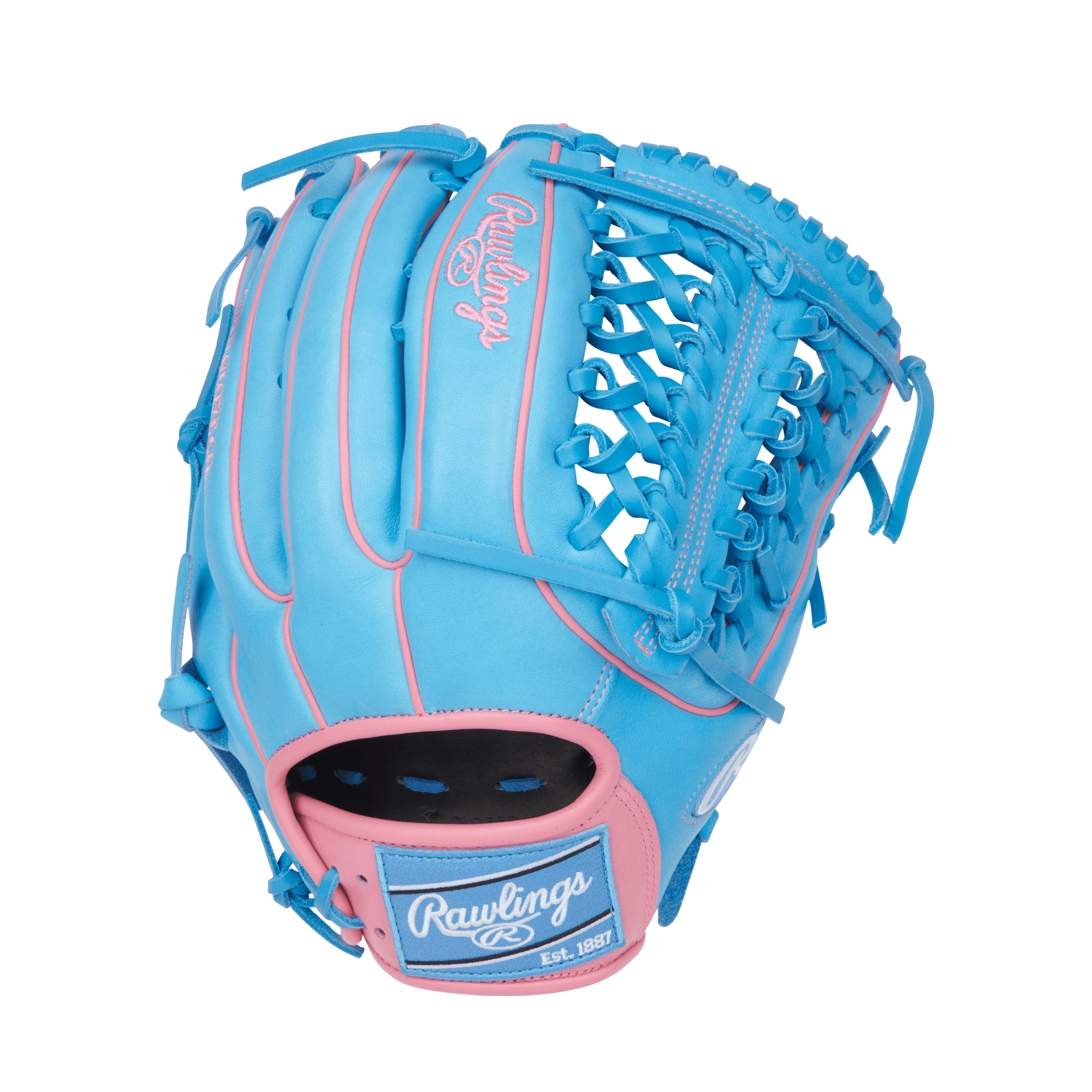 Back view of Rawlings Heart of the Hide 12.75" Columbia Blue/Pink RHT glove showing premium steerhide leather and bold colorway