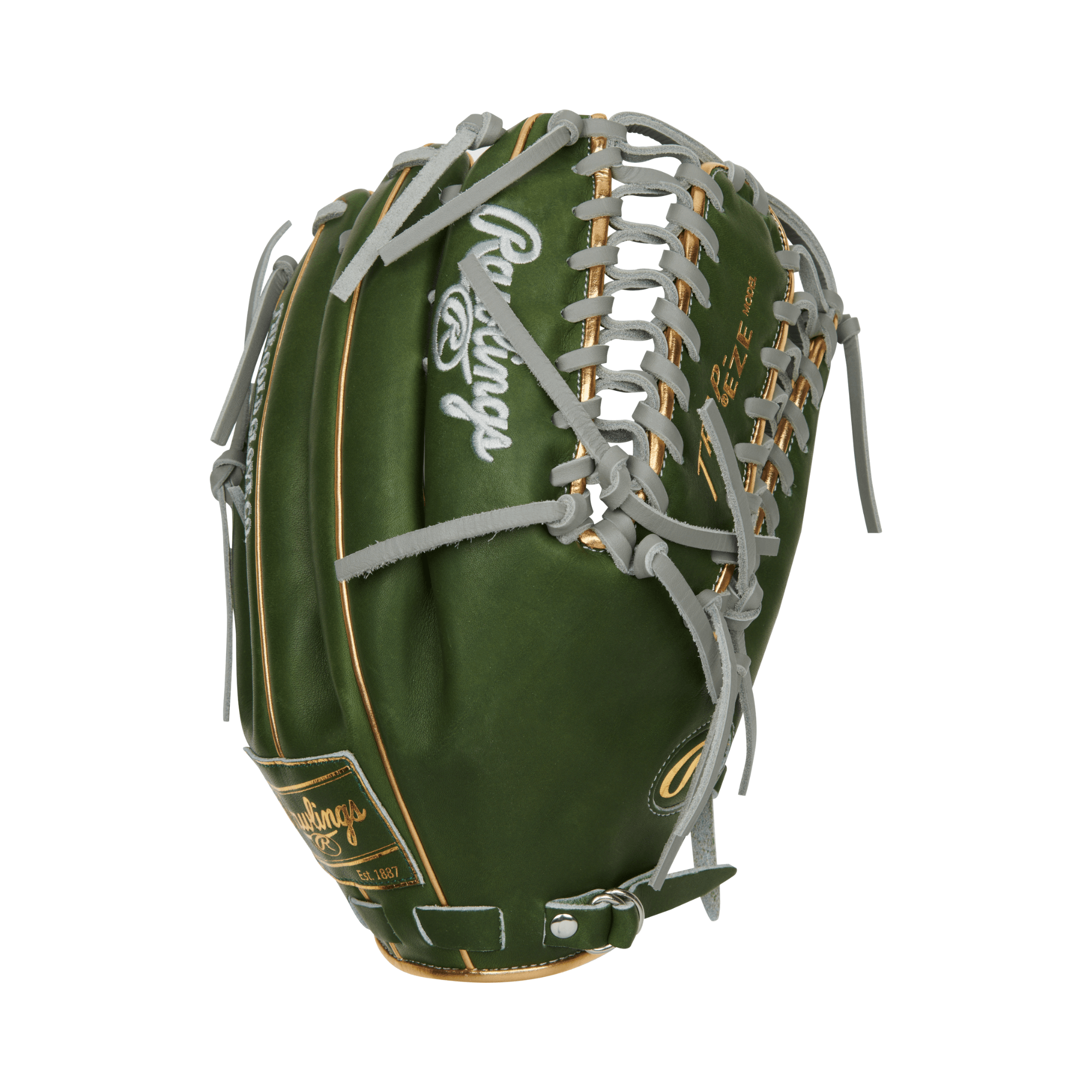 Rawlings September 2024 Gold Glove Club PROMT27MGG 12.75" glove in military green leather with gold foil details.