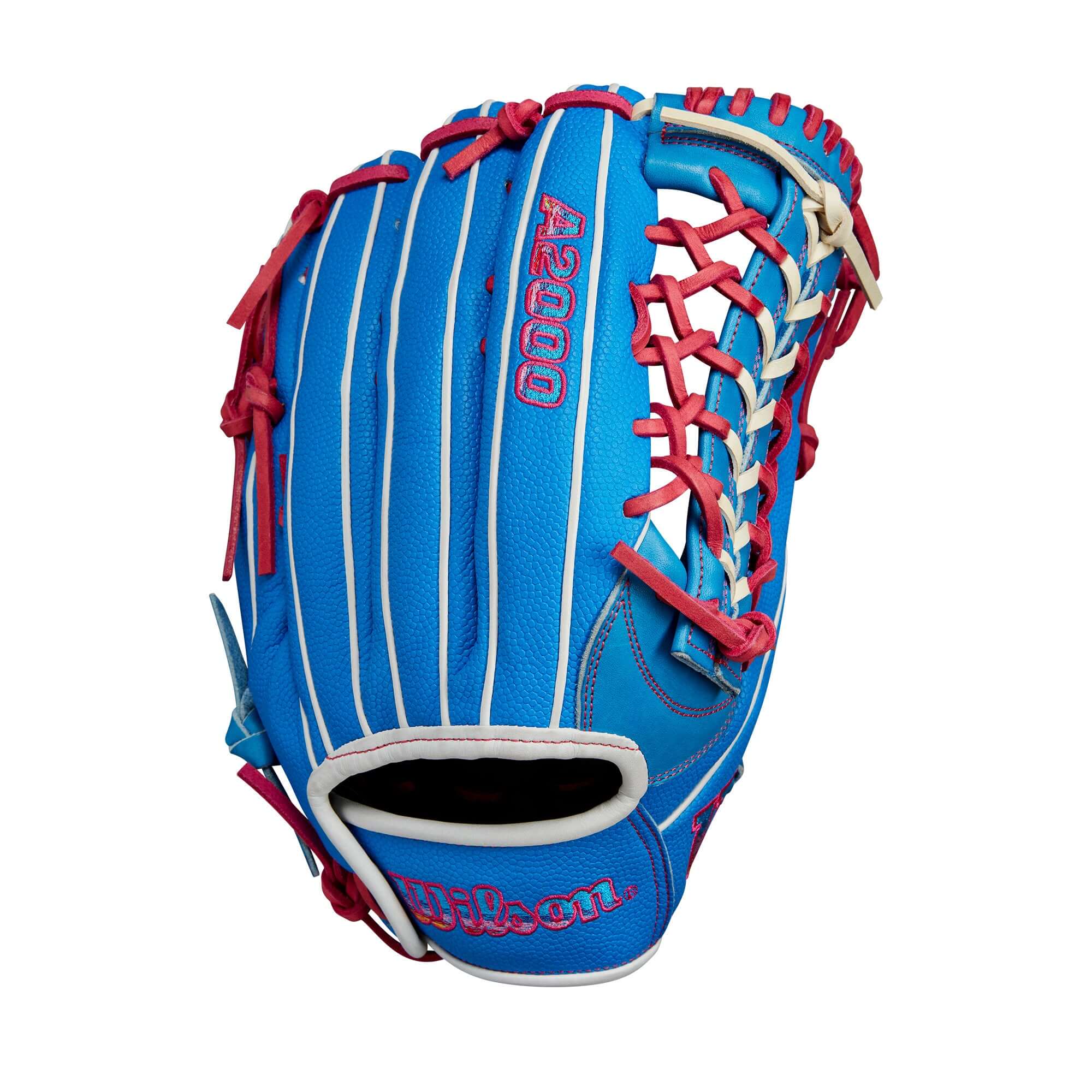 Wilson Autism Speaks A2000 PF92SS 12.25” LHT outfield baseball glove in blue and pink, featuring Pedroia Fit™ for smaller hands.