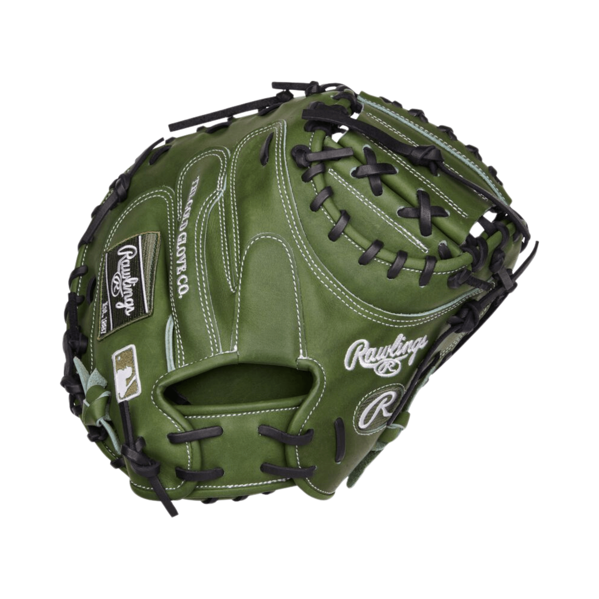 Rawlings Military Green Heart of the Hide 34" catcher's mitt showcasing premium steerhide leather and unique green colorway.