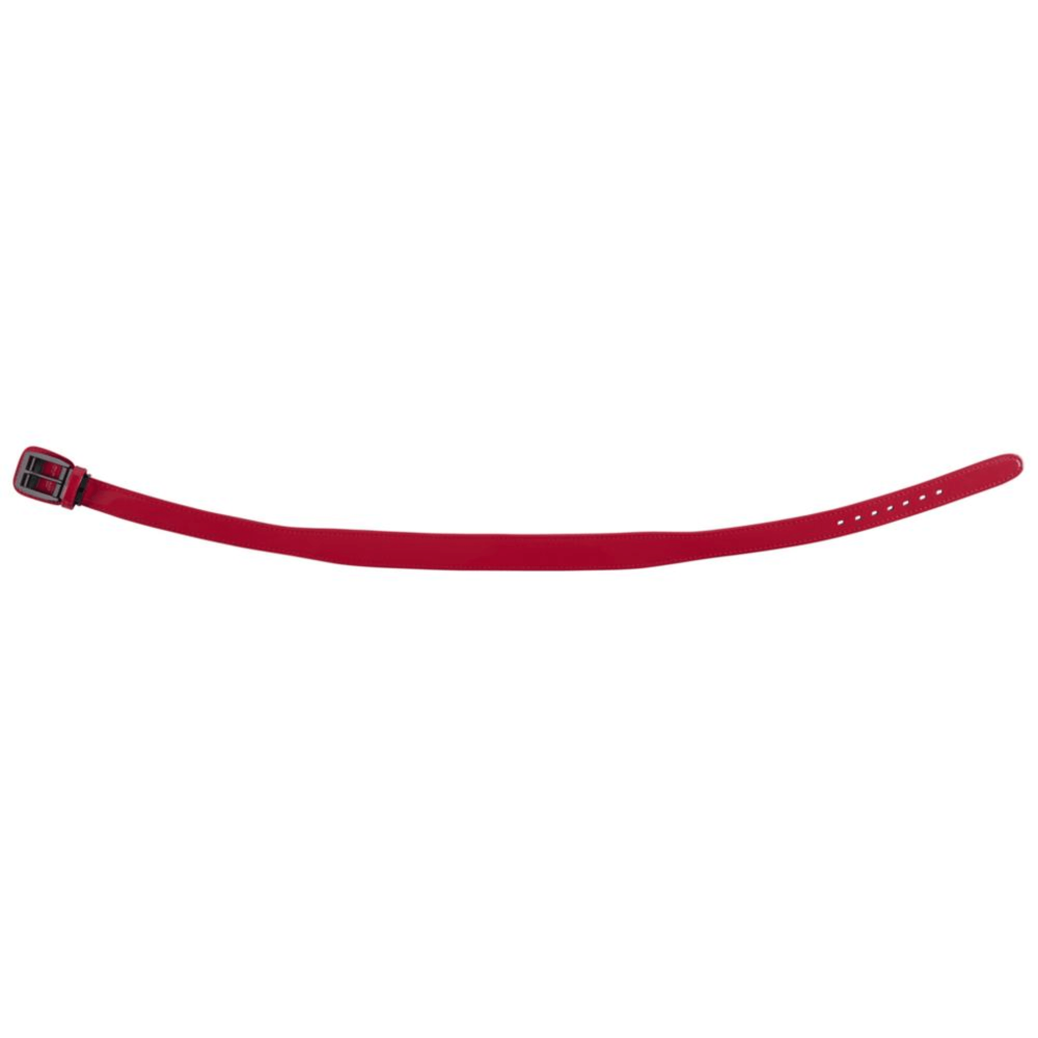 Mizuno Power Belt side view in red, showing adjustable buckle and multiple sizing holes for custom fit.