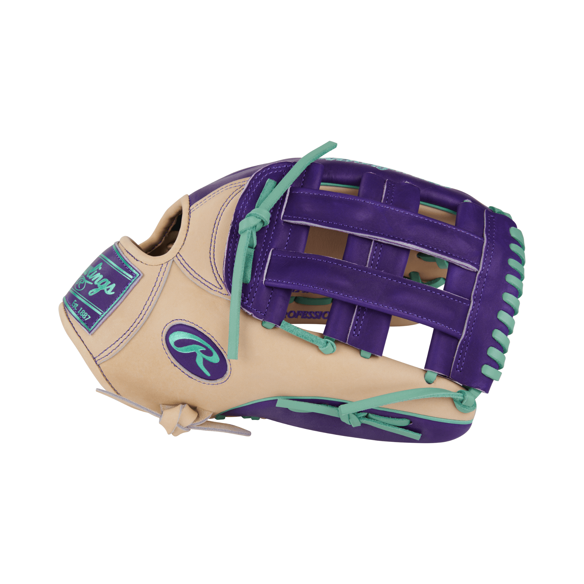 Close-up on the left side and thumb area of the glove showing the mint welting, providing both style and structural integrity.