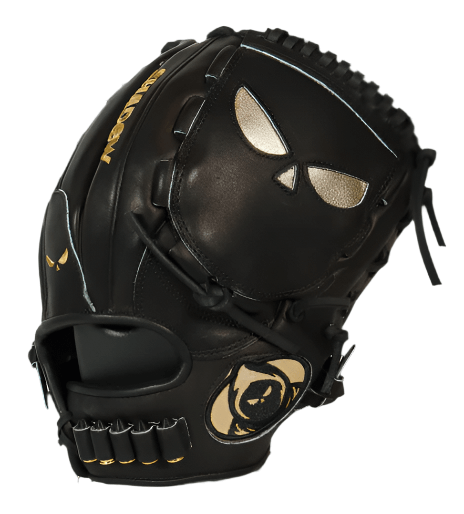 Shadow 13: Slinger 12" RHT baseball glove in black with brass inlays, designed for elite pitchers for enhanced performance.