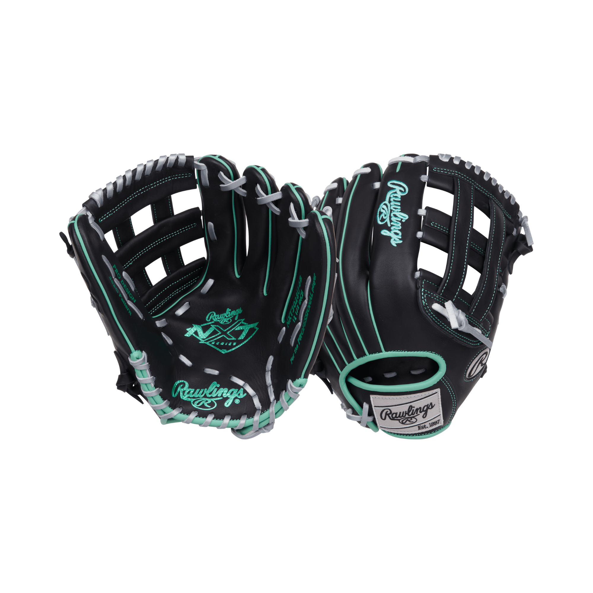 Rawlings NXT Series Contour Fit 12.5" RHT baseball glove showcasing black and teal design, ideal for high school athletes.