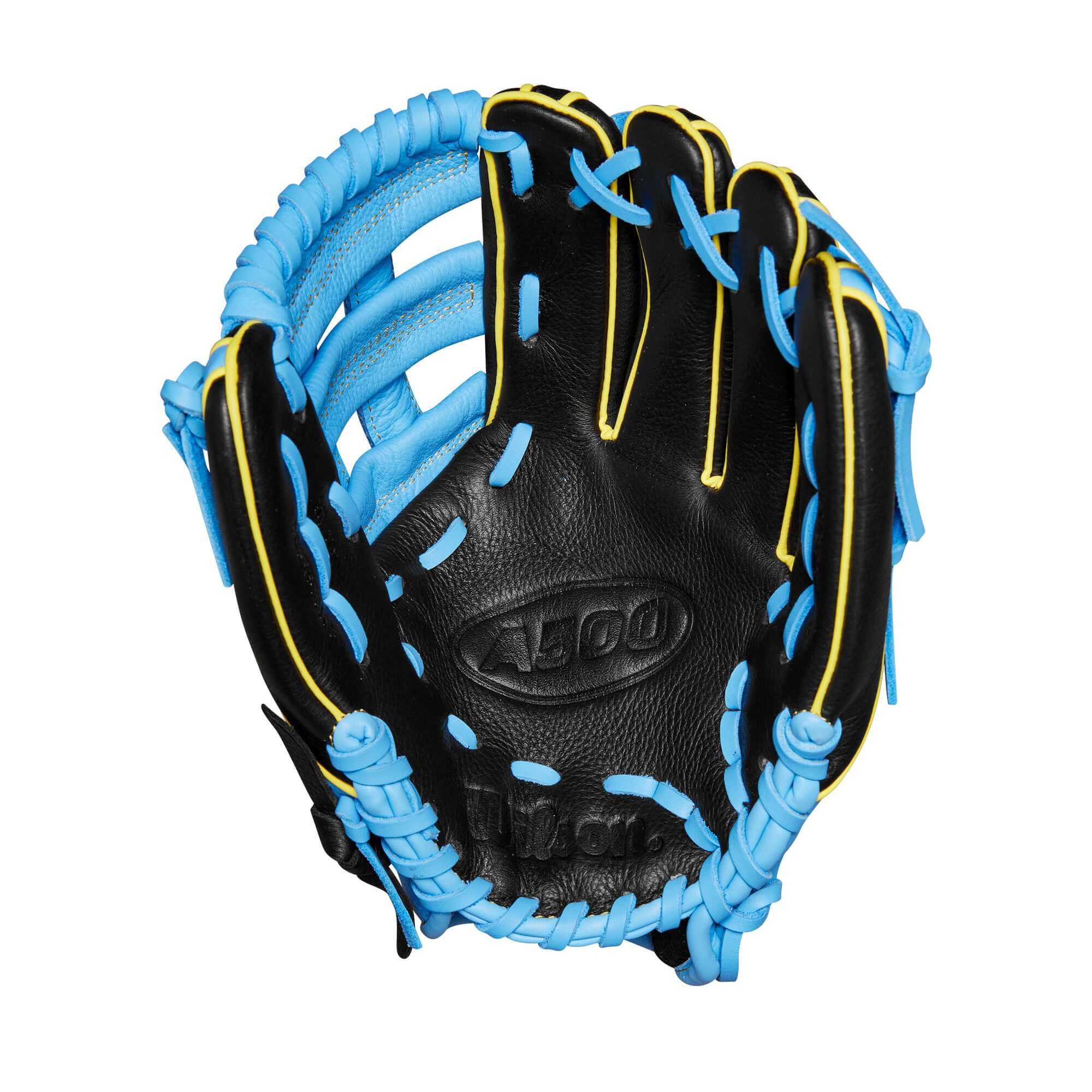 Close-up of the palm side of the Wilson A500 Glove highlighting the Dual Post Web and soft, durable Top Grain leather.