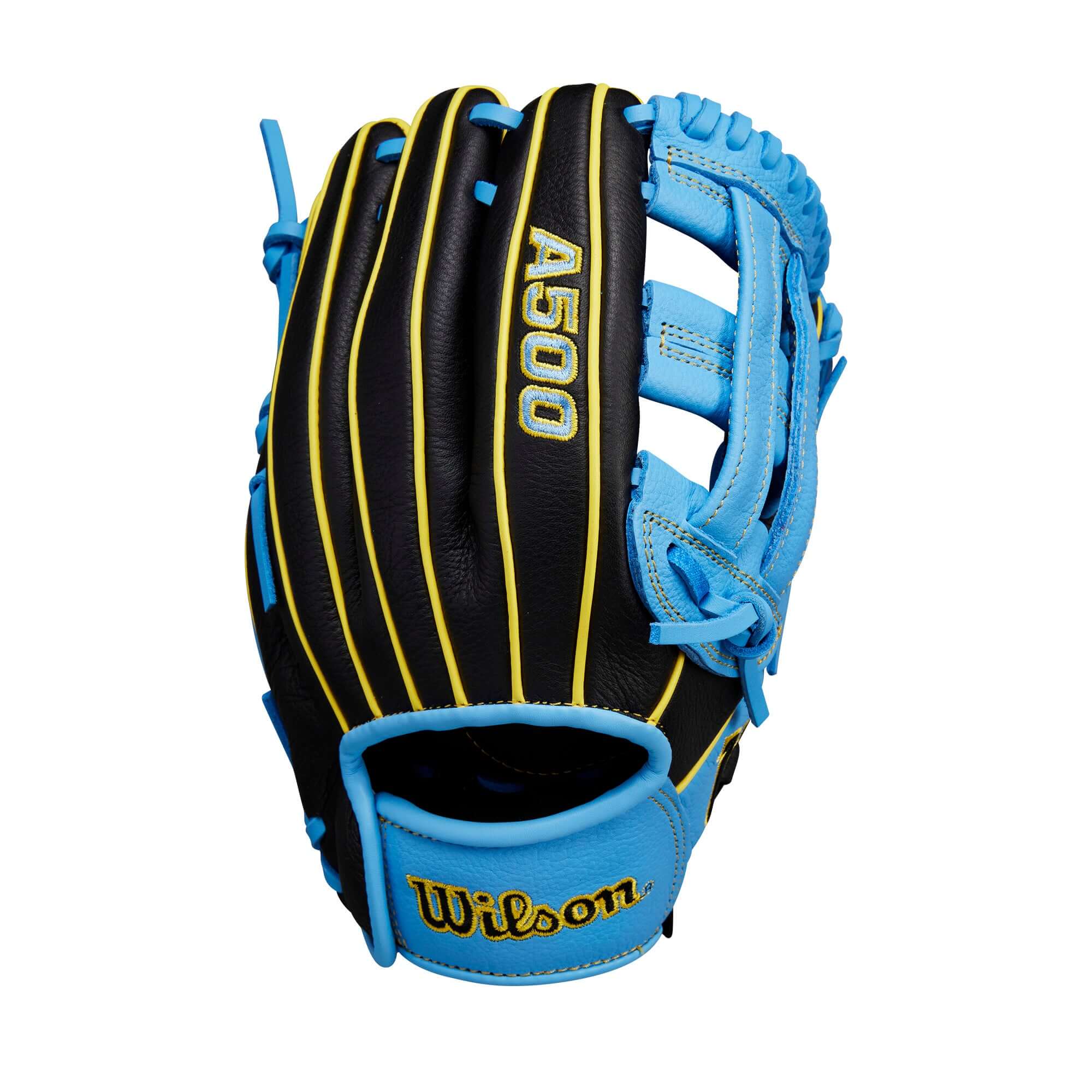 Back view of Wilson A500 Utility Glove featuring the adjustable Quick Fit wrist strap and youth-specific design.