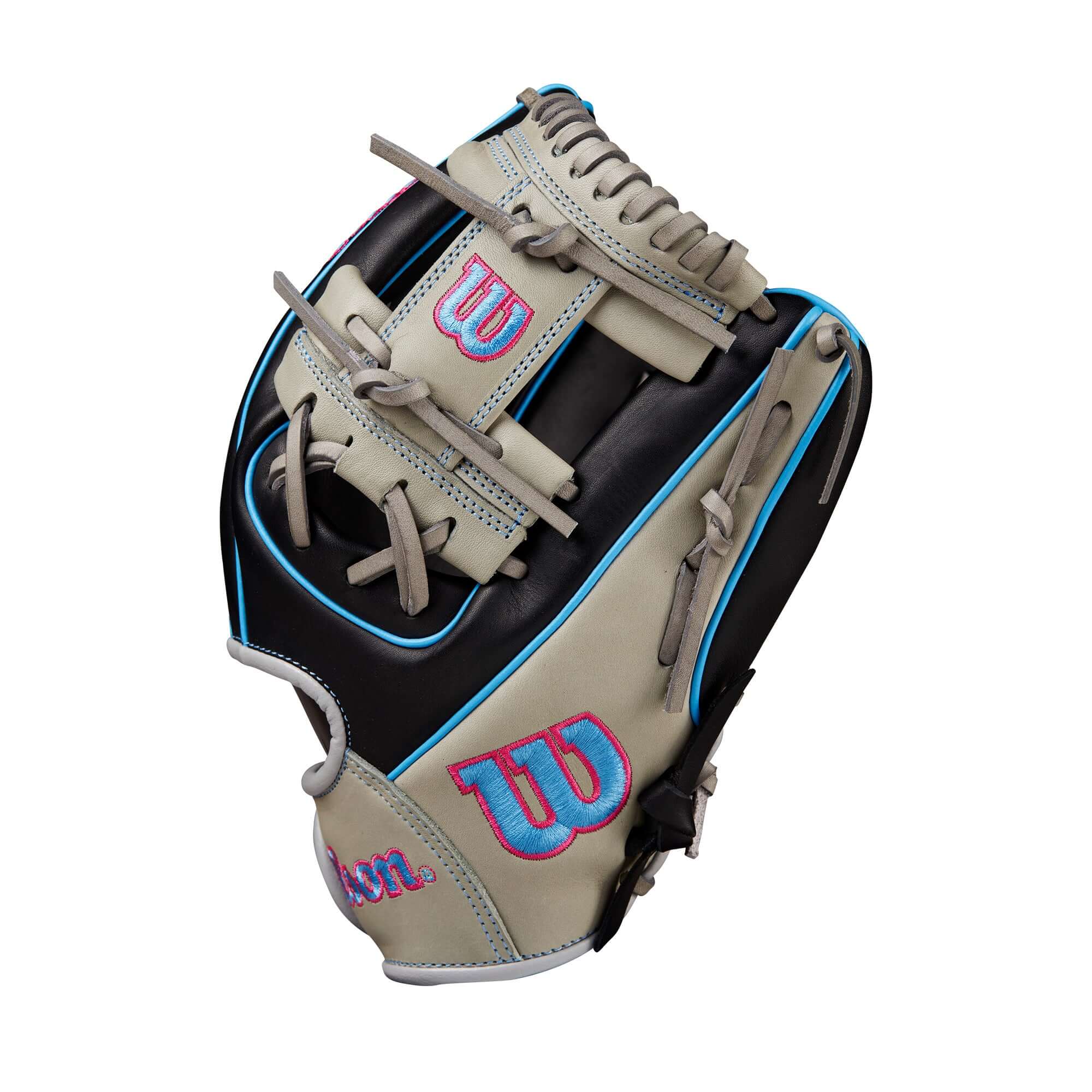 Wilson A1000 DP15 glove in black, grey, cool blue, and pink, 11.5” for young infielders, featuring Pedroia Fit technology.