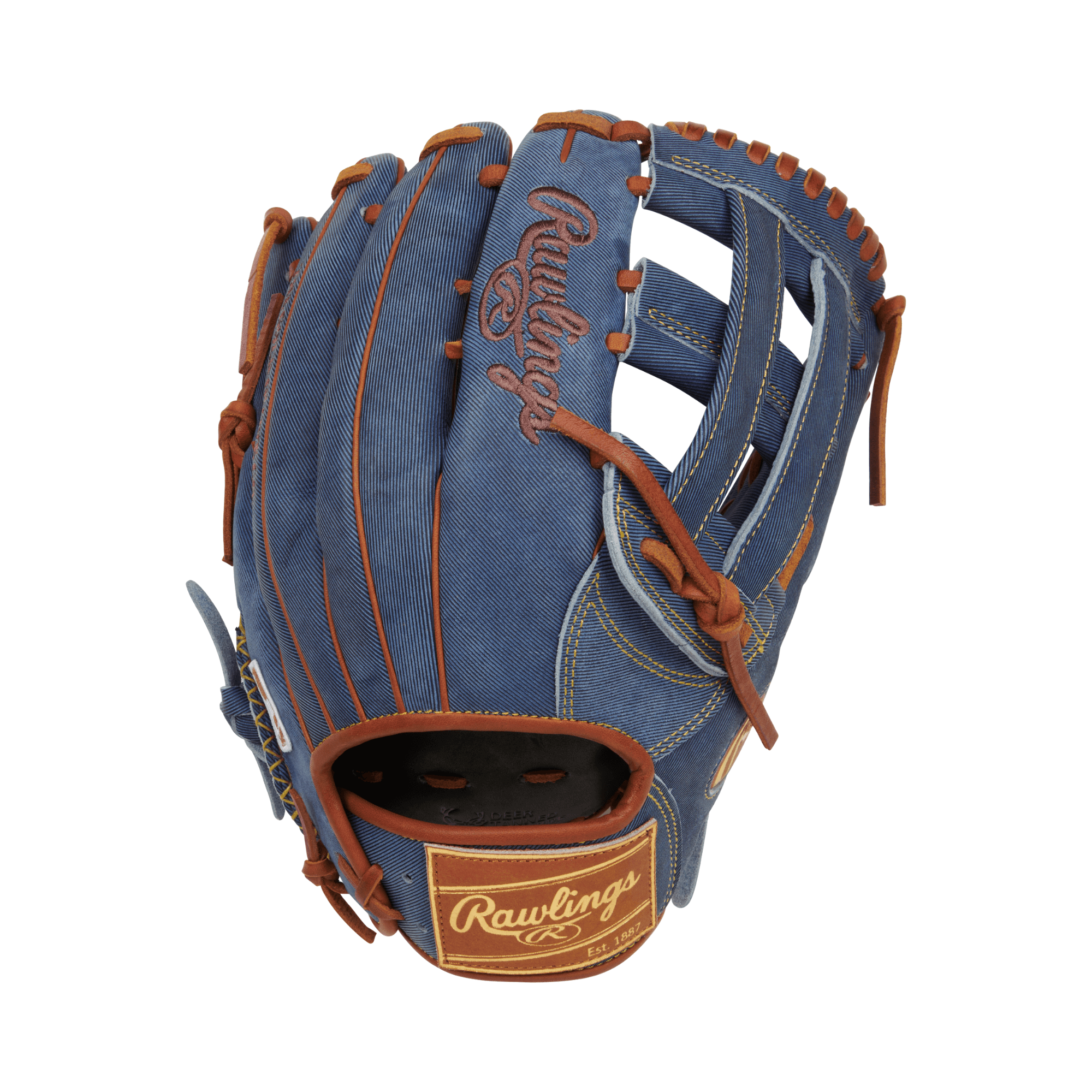 Rawlings Heart of the Hide Pro Label Denim Edition Outfield Glove 12.75" RHT in blue with brown stitching.