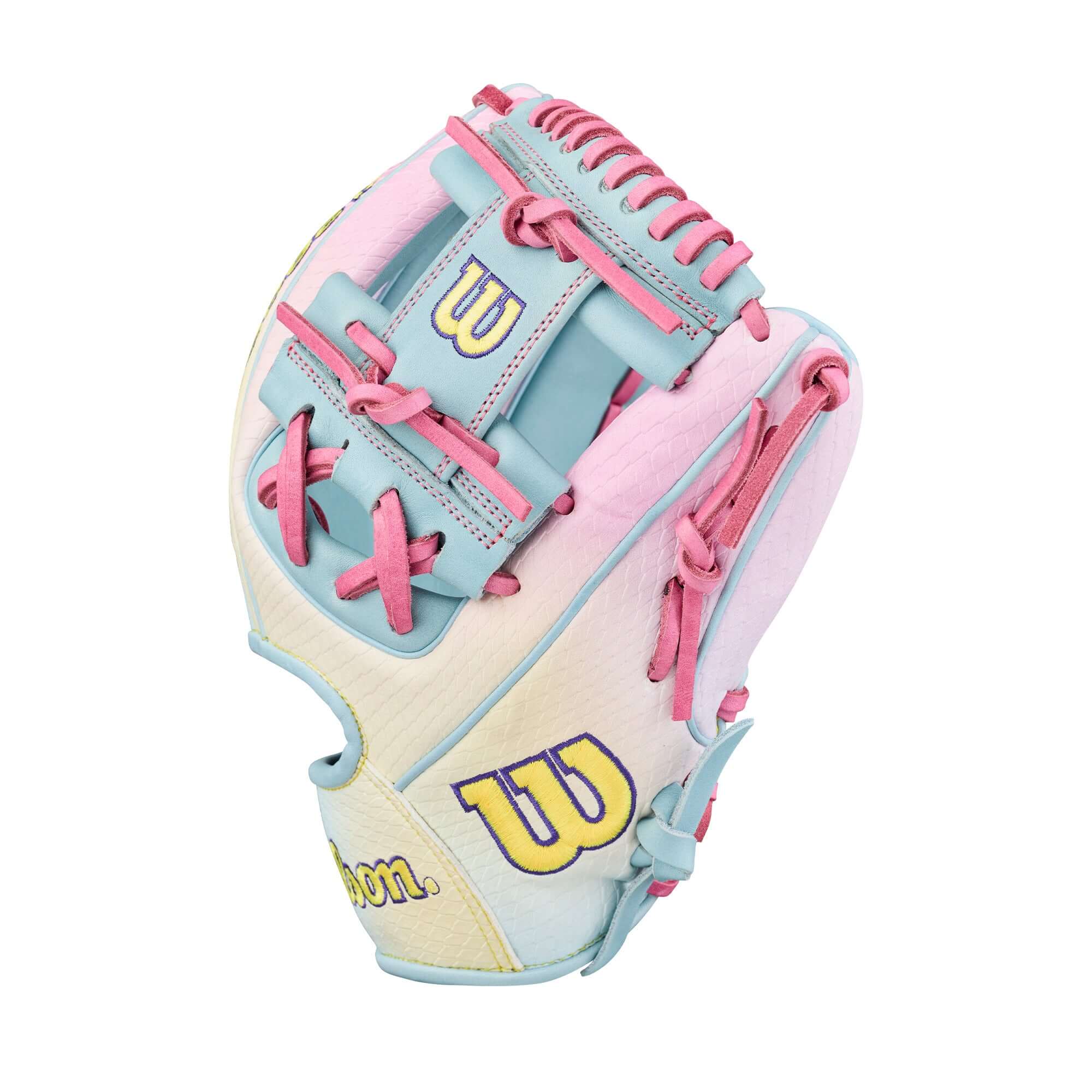 Wilson A2000 1786 11.5" April 2026 GOTM Pastel Clouds Infield Glove palm view with Columbia blue and flamingo pink hues