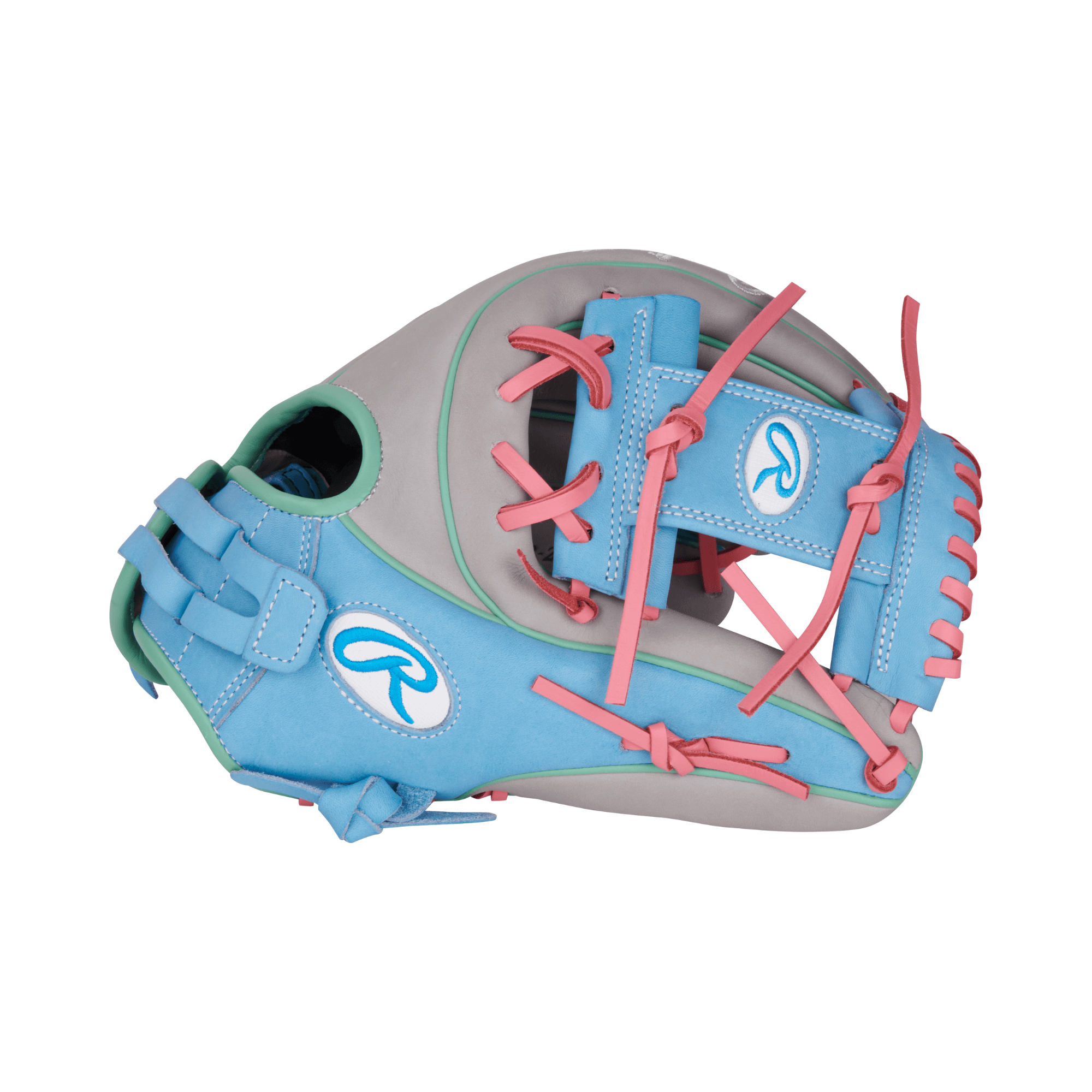 Rawlings Heart of the Hide Series Softball Glove in gray and Columbia blue, 12-inch design for adult fastpitch players.
