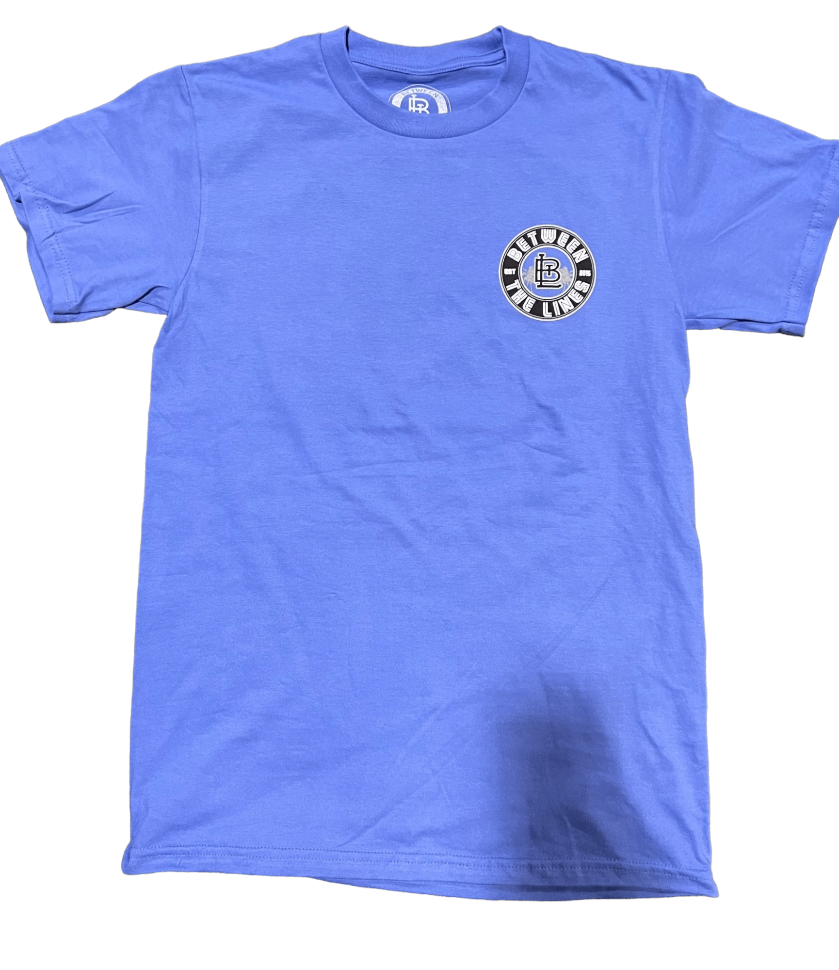 Blue short sleeve Between The Lines t-shirt featuring a logo on the chest, perfect for casual and comfortable wear.