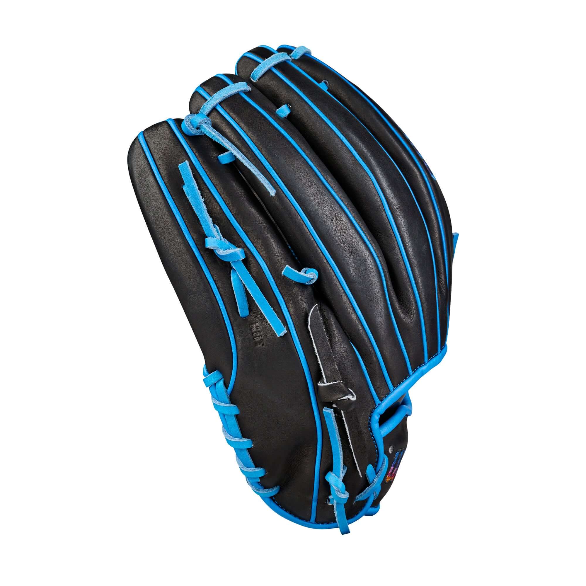 Backhand view of Wilson 2026 Love the Moment A2000 B23 Puzzle Piece 12” Pitcher’s Baseball Glove LHT with blue lacing.