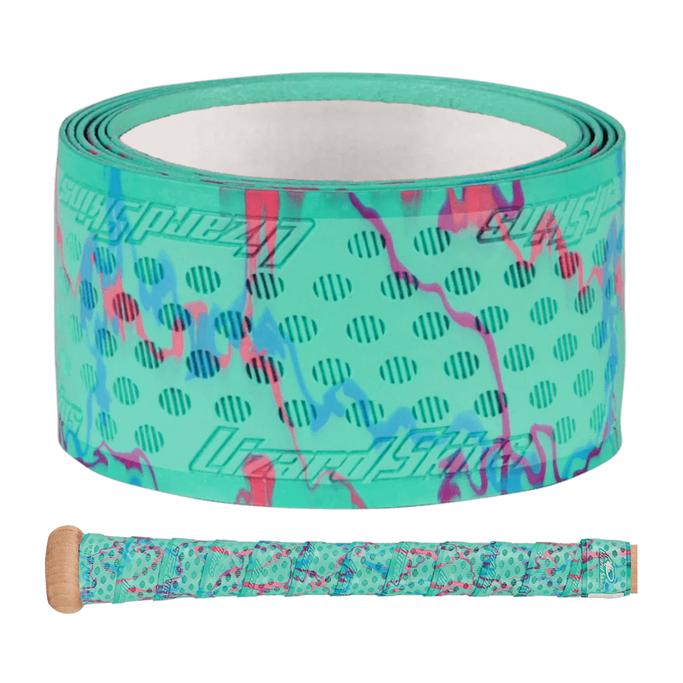 Lizard Skins DSP Ultra Bat Grip - 0.5 mm, teal with pink camo pattern and embossed logos, shown unrolled and wrapped on bat handle.