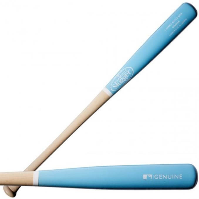 Louisville Slugger Genuine S3 - Natural/Blue - Maple M110 side profile highlighting brand logo and blue barrel
