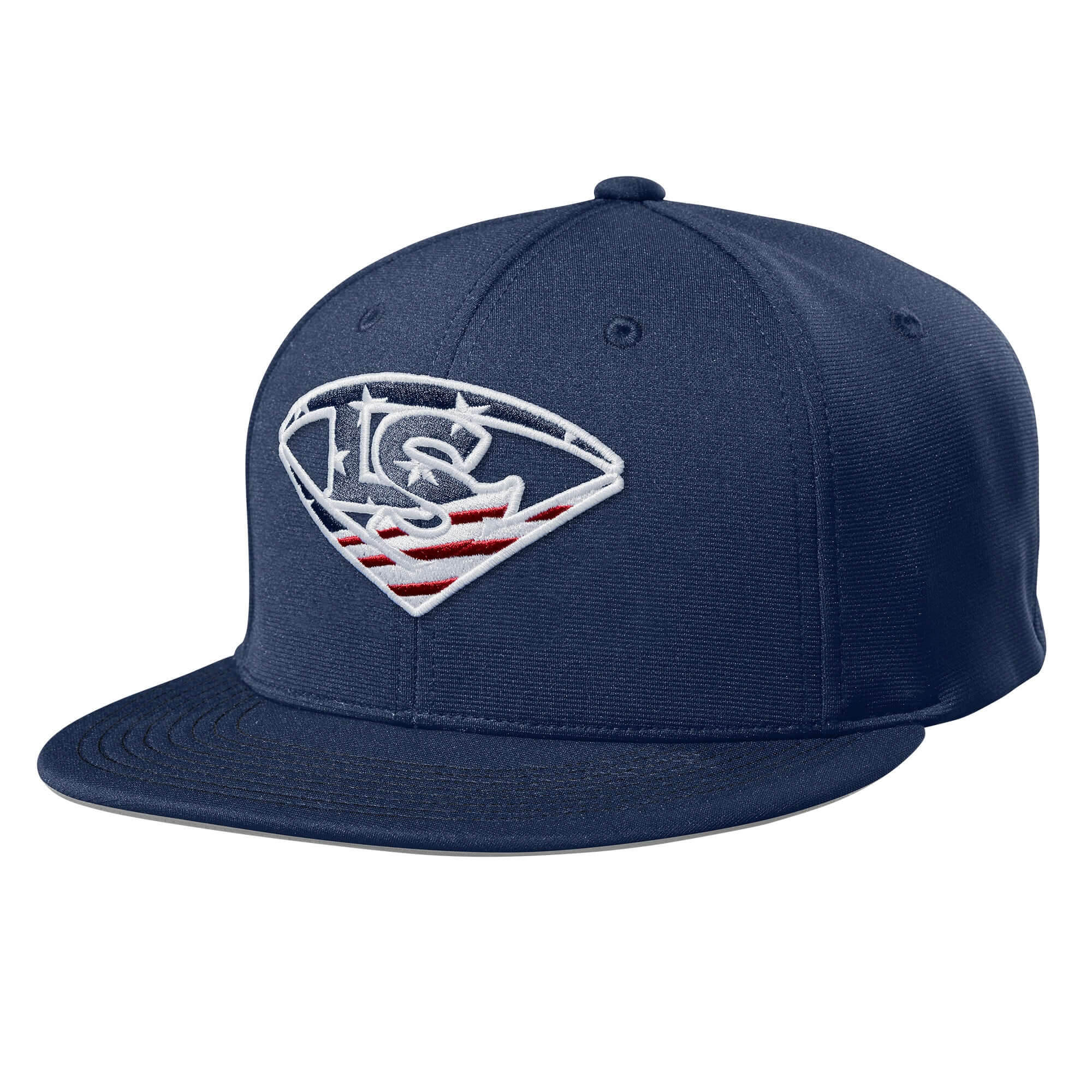 Louisville Slugger Merica Hat side view with 3D red, white, and blue logo on navy fabric and flat bill.