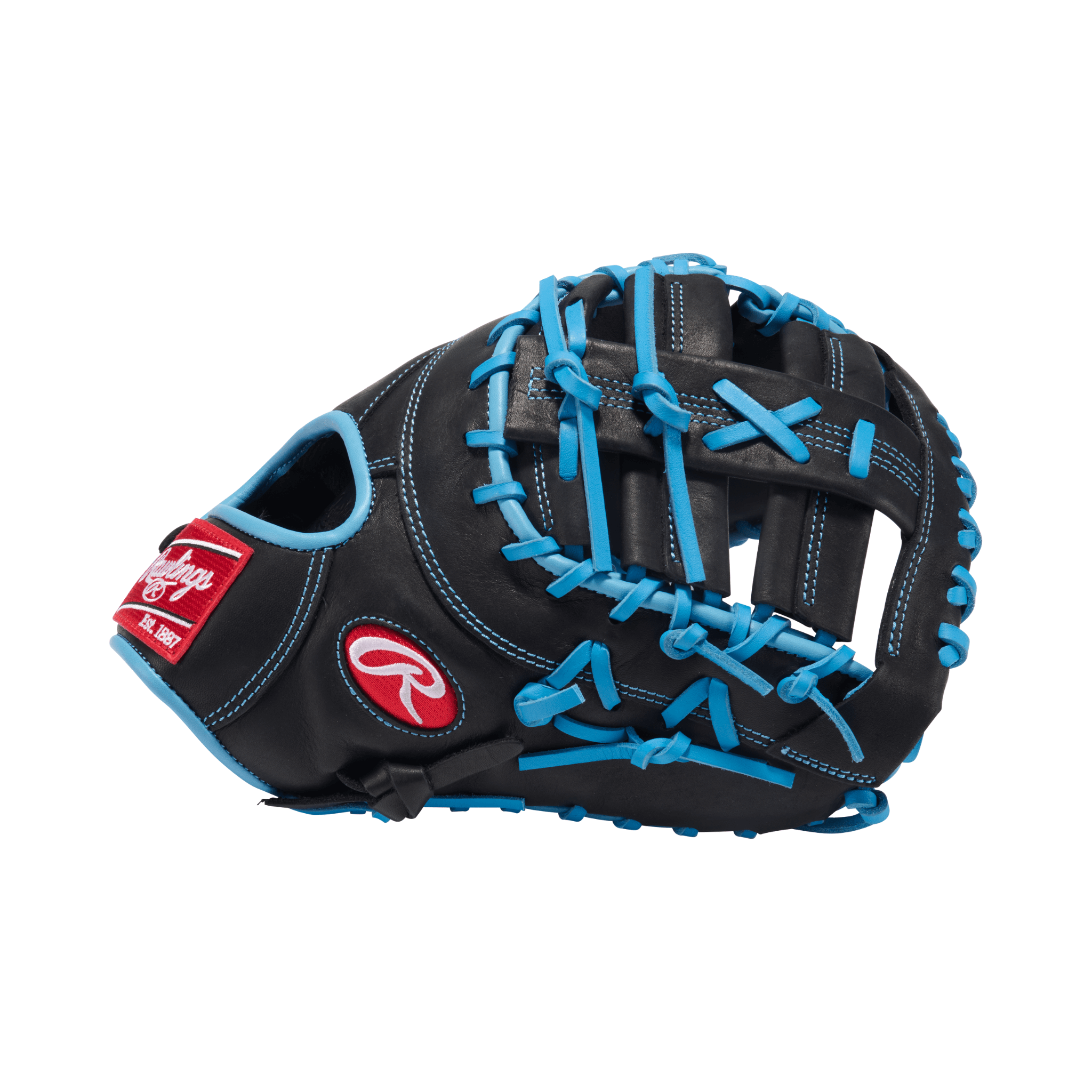 Rawlings R9 13" Baseball First Base Mitt in black and col. blue, designed for peak performance and comfort.