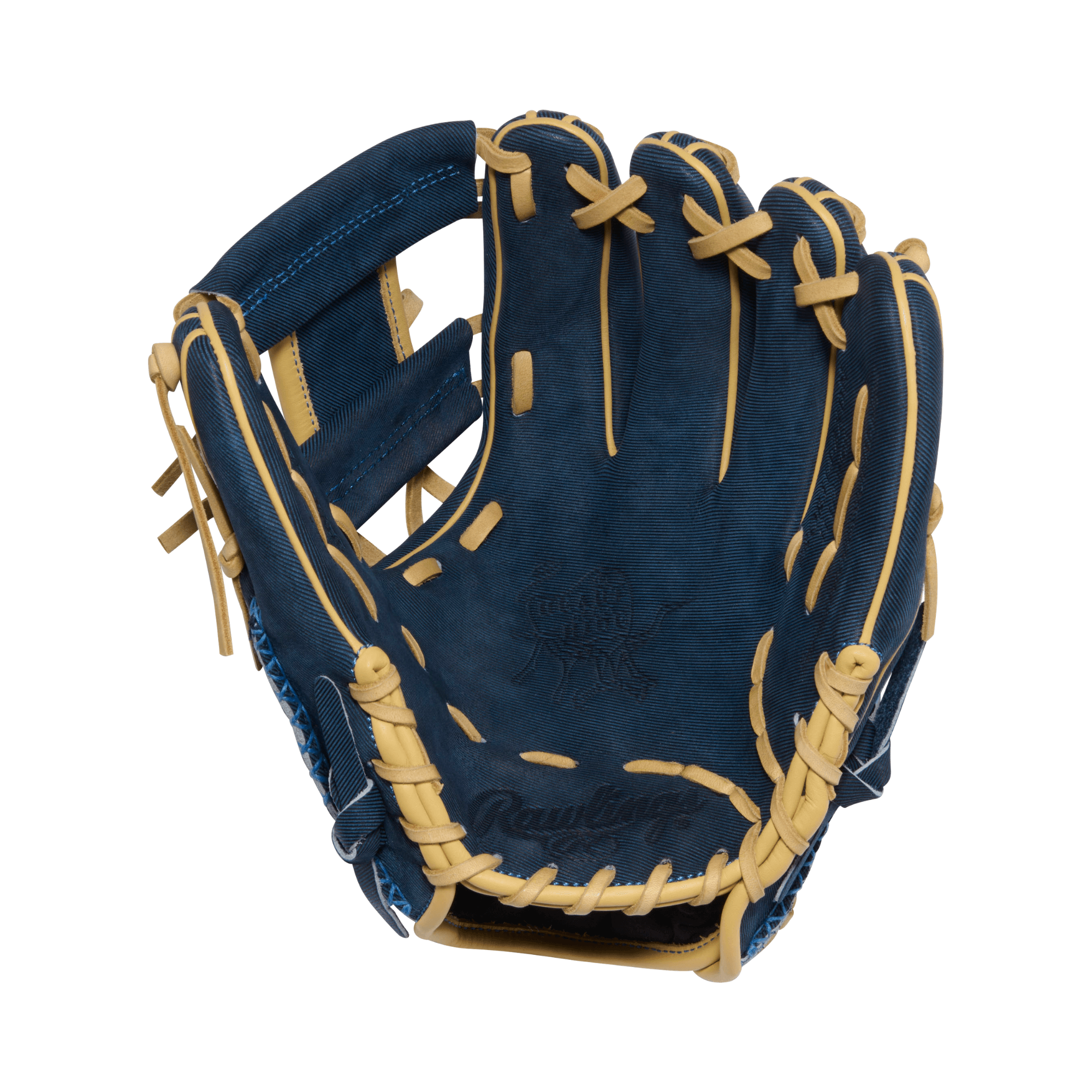 Rawlings February 2026 Gold Glove Club RGGC (GOTM) PROR314-2XDN 11.75" Glove palm view, denim blue with tan lacing.
