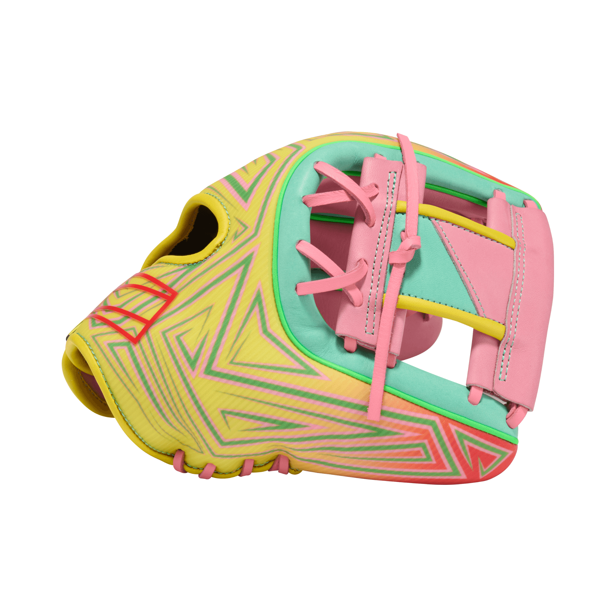 Left Side with Thumb Detail of Rawlings REV1X Series Infield Baseball Glove 11.5 Inch - Pink and Yellow