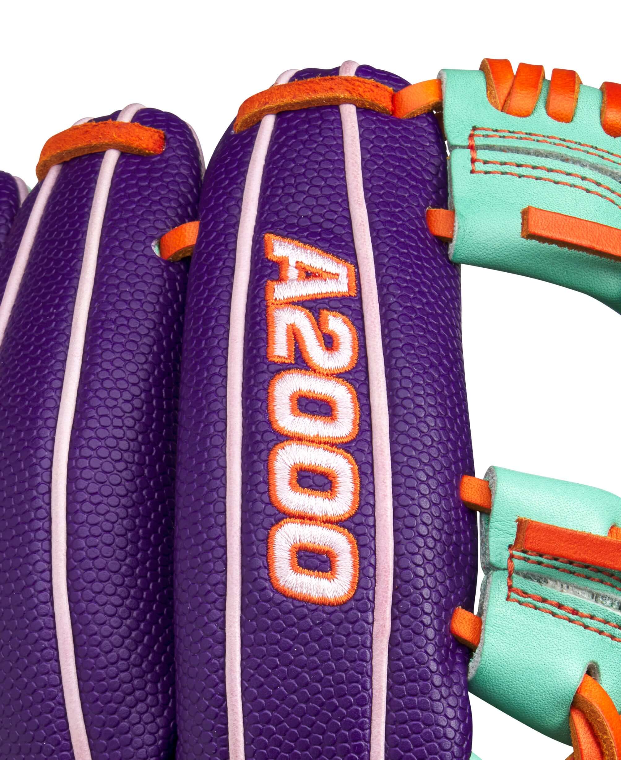Wilson Glove of the Month GOTM April 2025 A2000 1975SS design featuring purple and teal colors and A2000 branding.