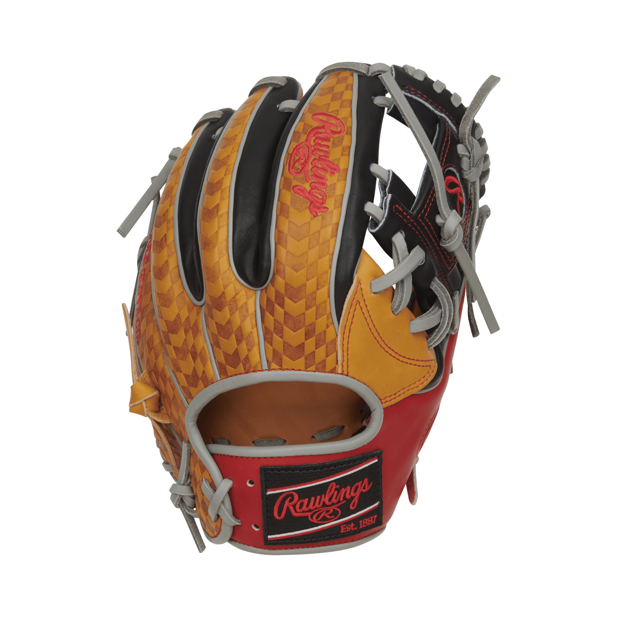 Rawlings Heart Of The Hide Color Sync 8.0 Limited Edition Baseball Glove in tan, black, and red, showcasing its unique leather pattern.