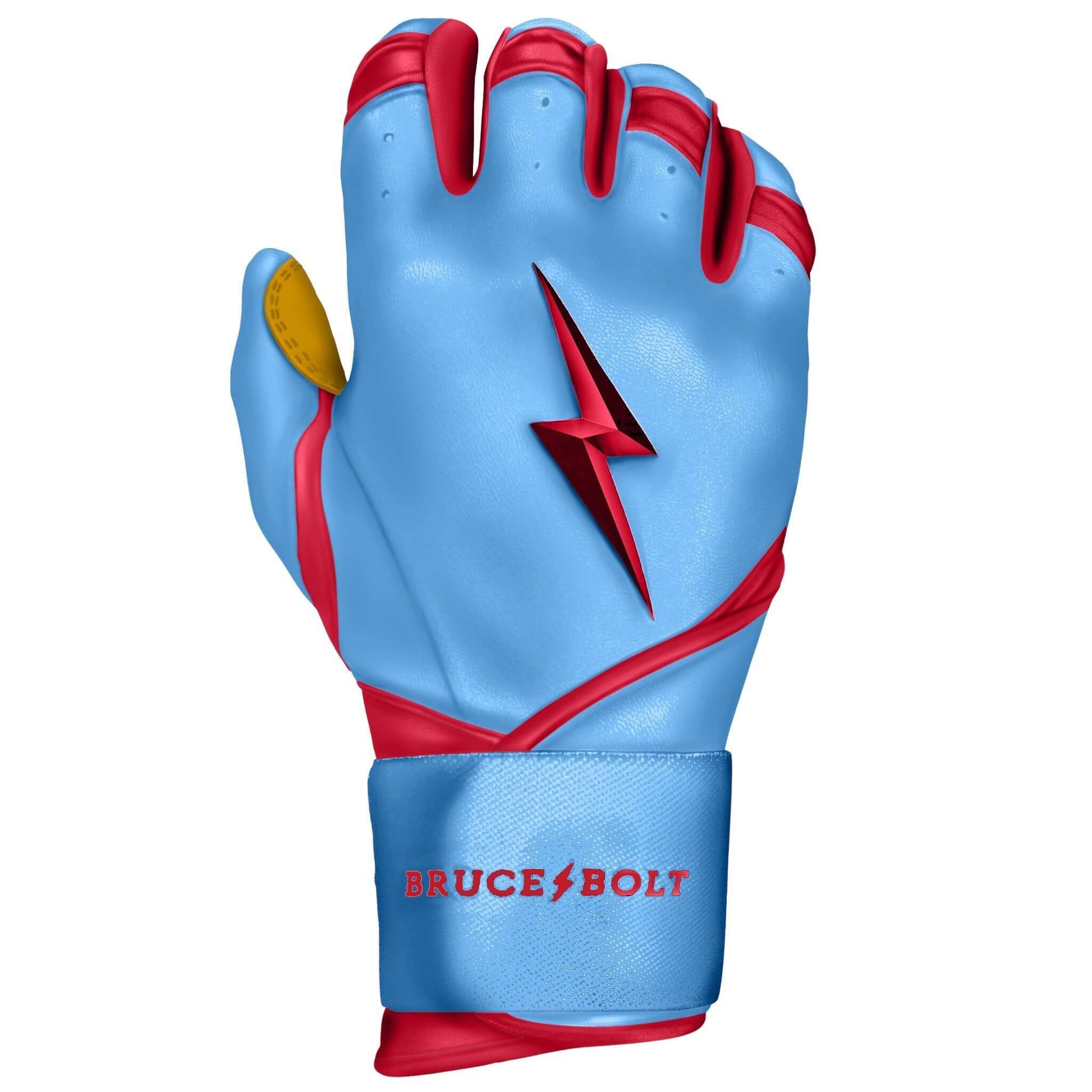 Bruce Bolt Premium Pro Bader Series long cuff batting gloves in baby blue and red, featuring a unique design.