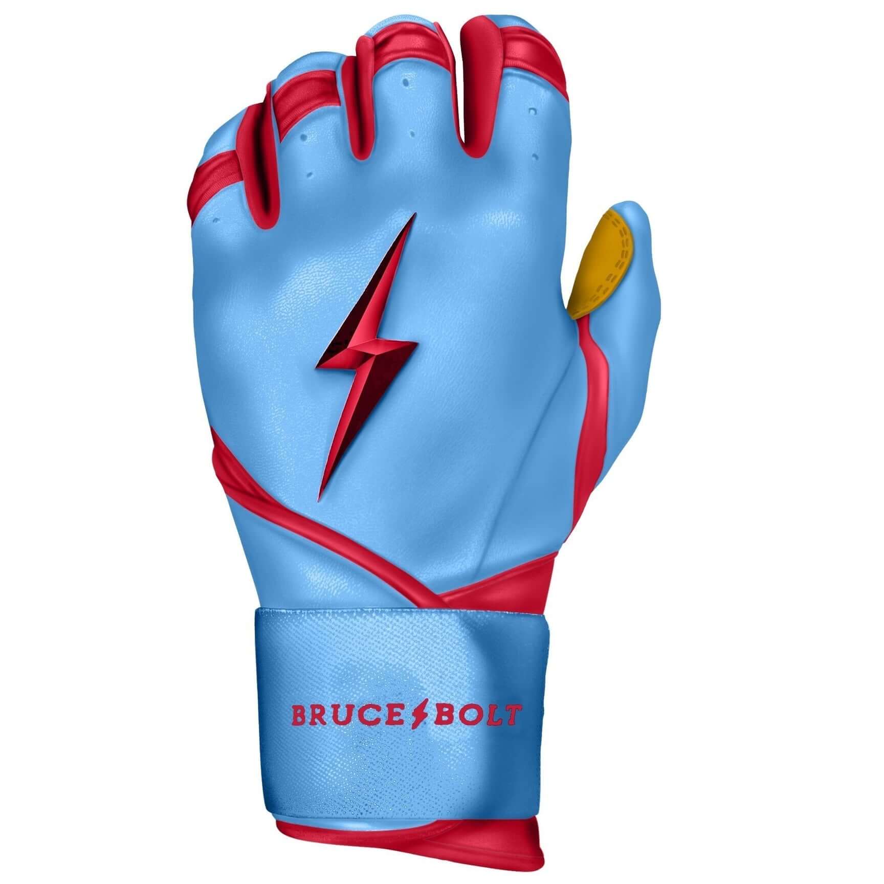 Baby blue Bruce Bolt youth batting gloves with red accents and lightning bolt logo, designed in collaboration with Harrison Bader.