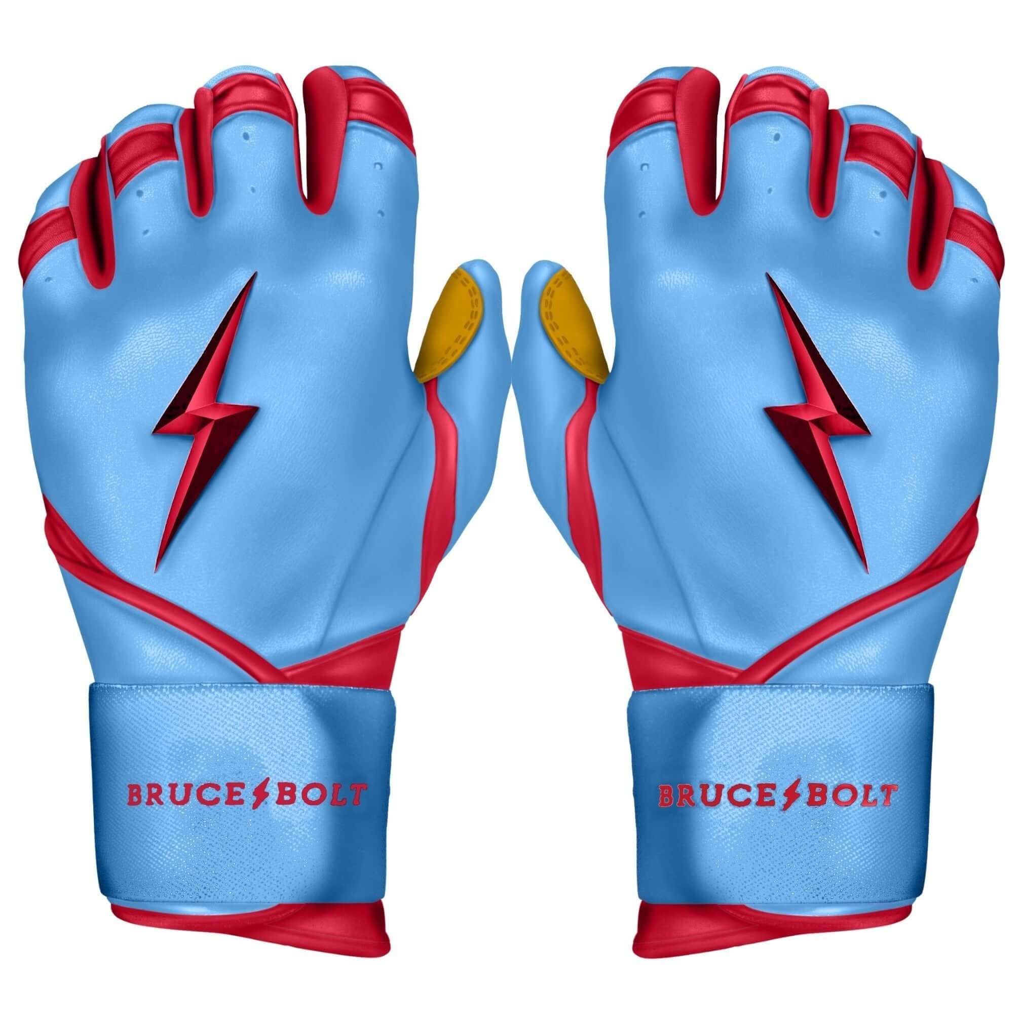 Bruce Bolt Premium Pro Bader Series Long Cuff Batting Gloves in Baby Blue with red and yellow accents.