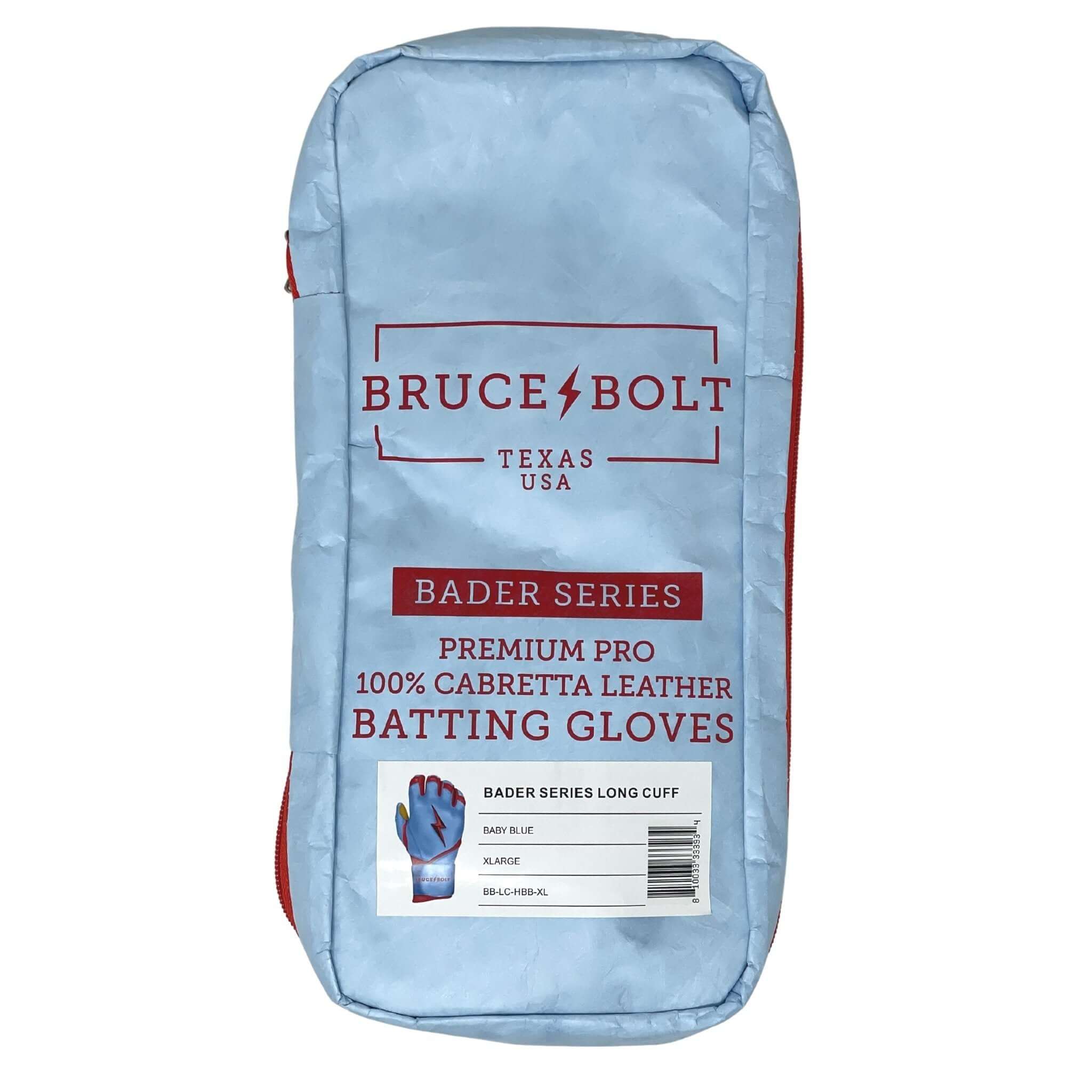 Bruce Bolt Premium Pro Bader Series Long Cuff Batting Gloves packaging in Baby Blue color.
