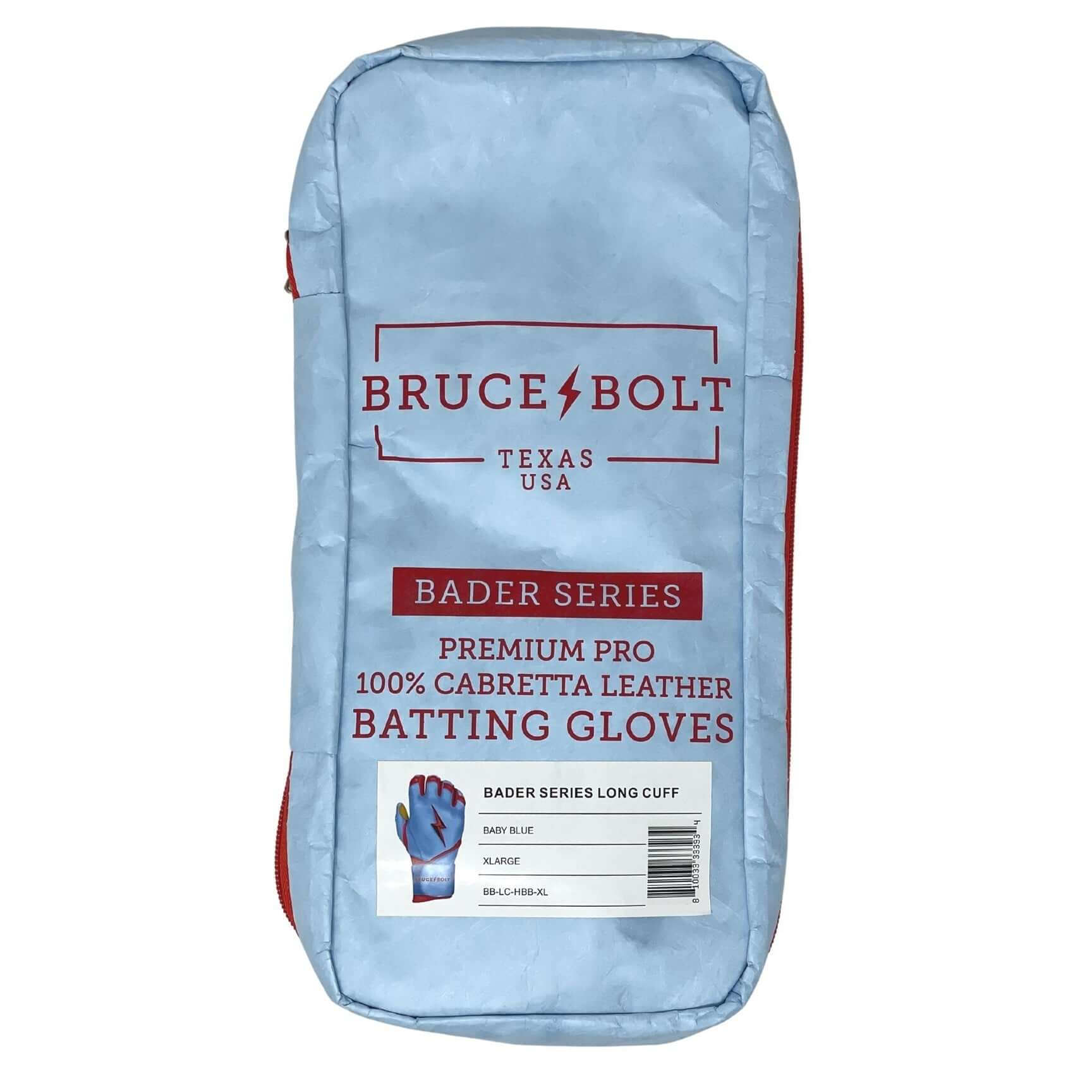 Bruce Bolt Youth Premium Pro Bader Series Long Cuff Batting Gloves packaging in Baby Blue color.
