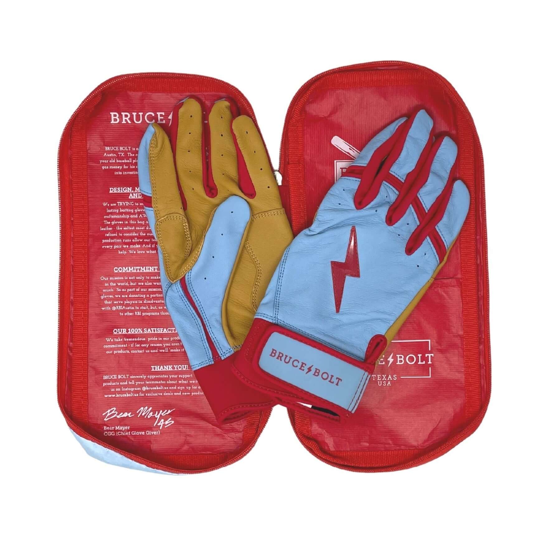 Bruce Bolt Youth Premium Pro Bader Series Short Cuff Batting Gloves in Baby Blue with red case and gold palm.