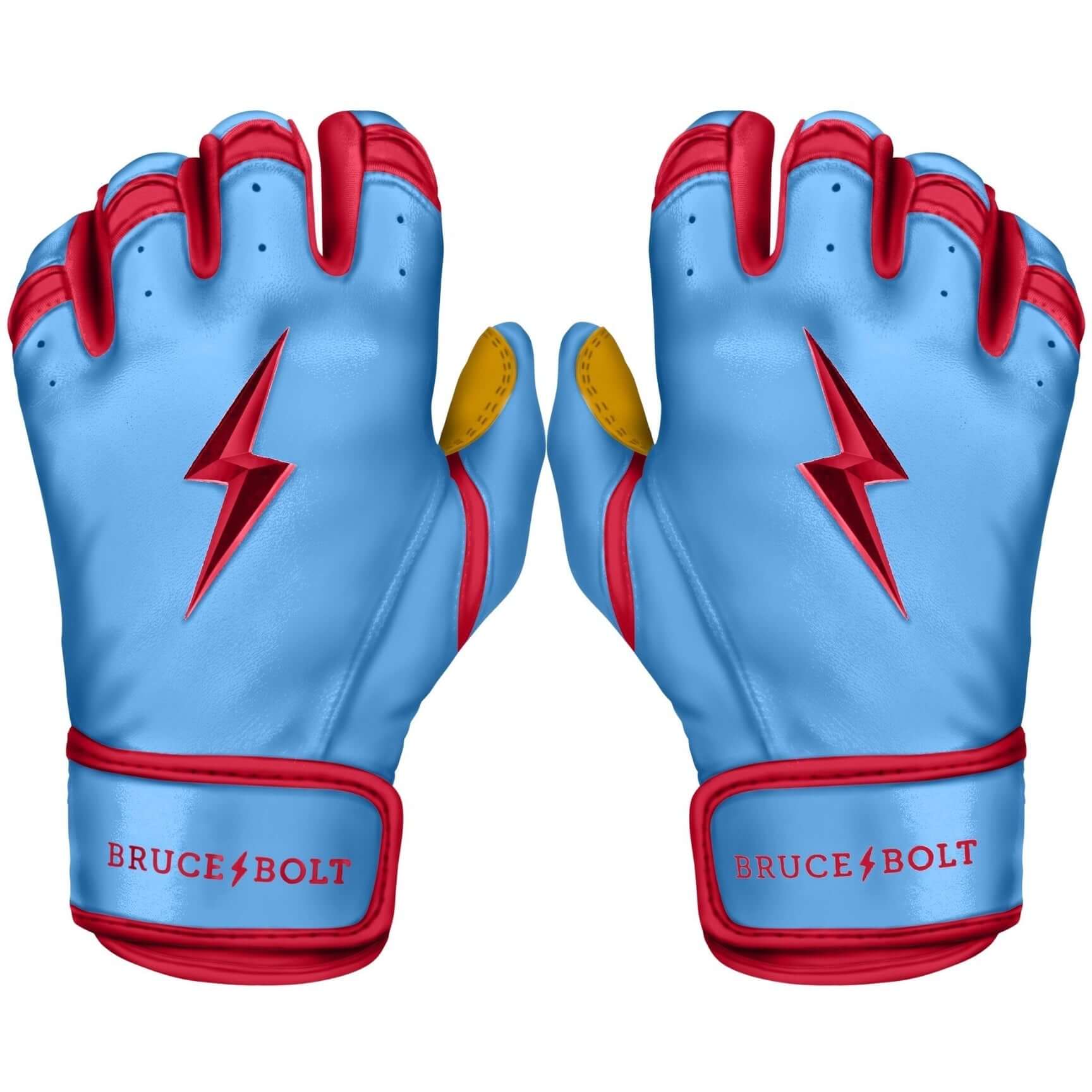 Bruce Bolt youth batting gloves in baby blue and red, featuring a unique design and reinforced palm for durability.