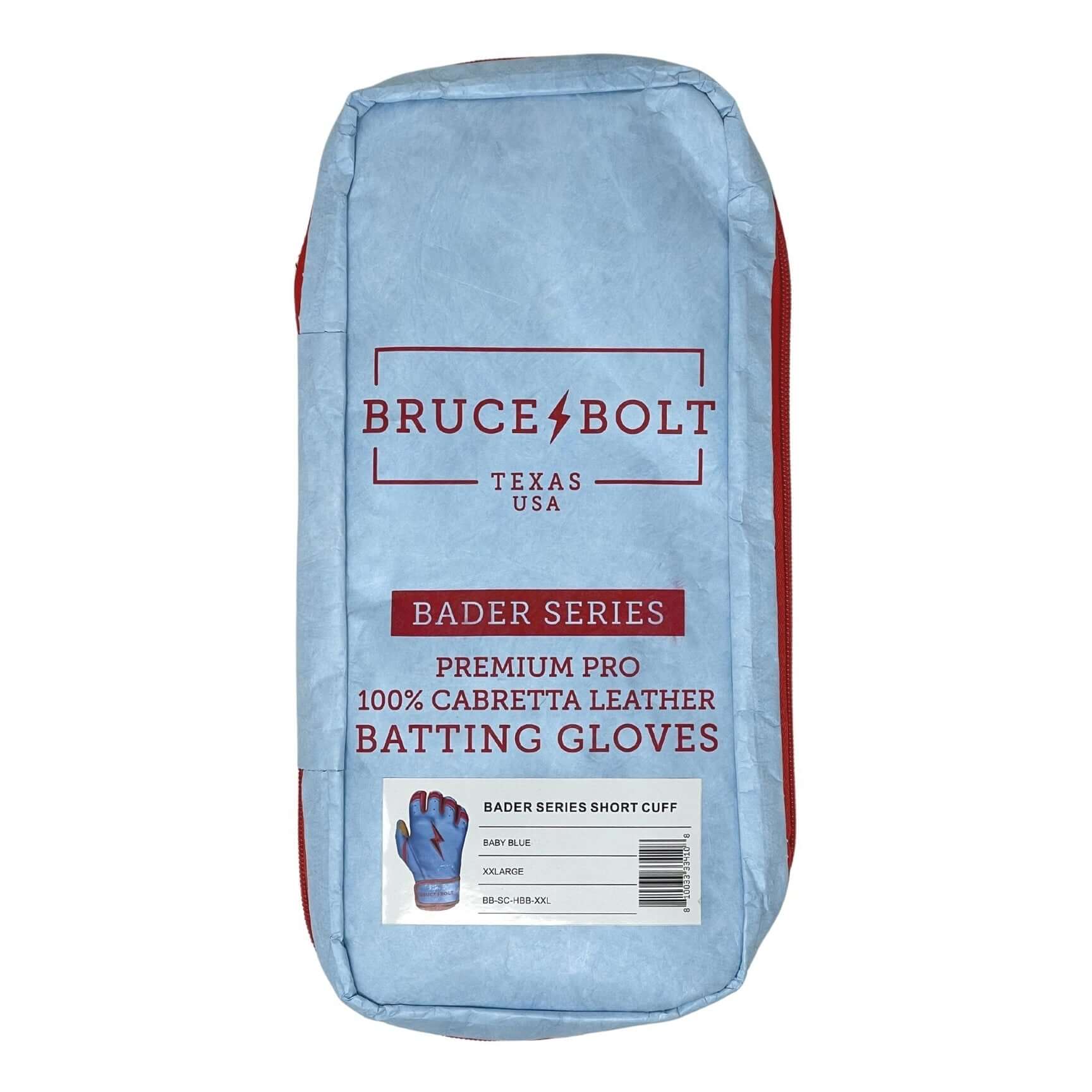 Bruce Bolt Youth Premium Pro Bader Series Short Cuff Batting Gloves packaging in Baby Blue color.