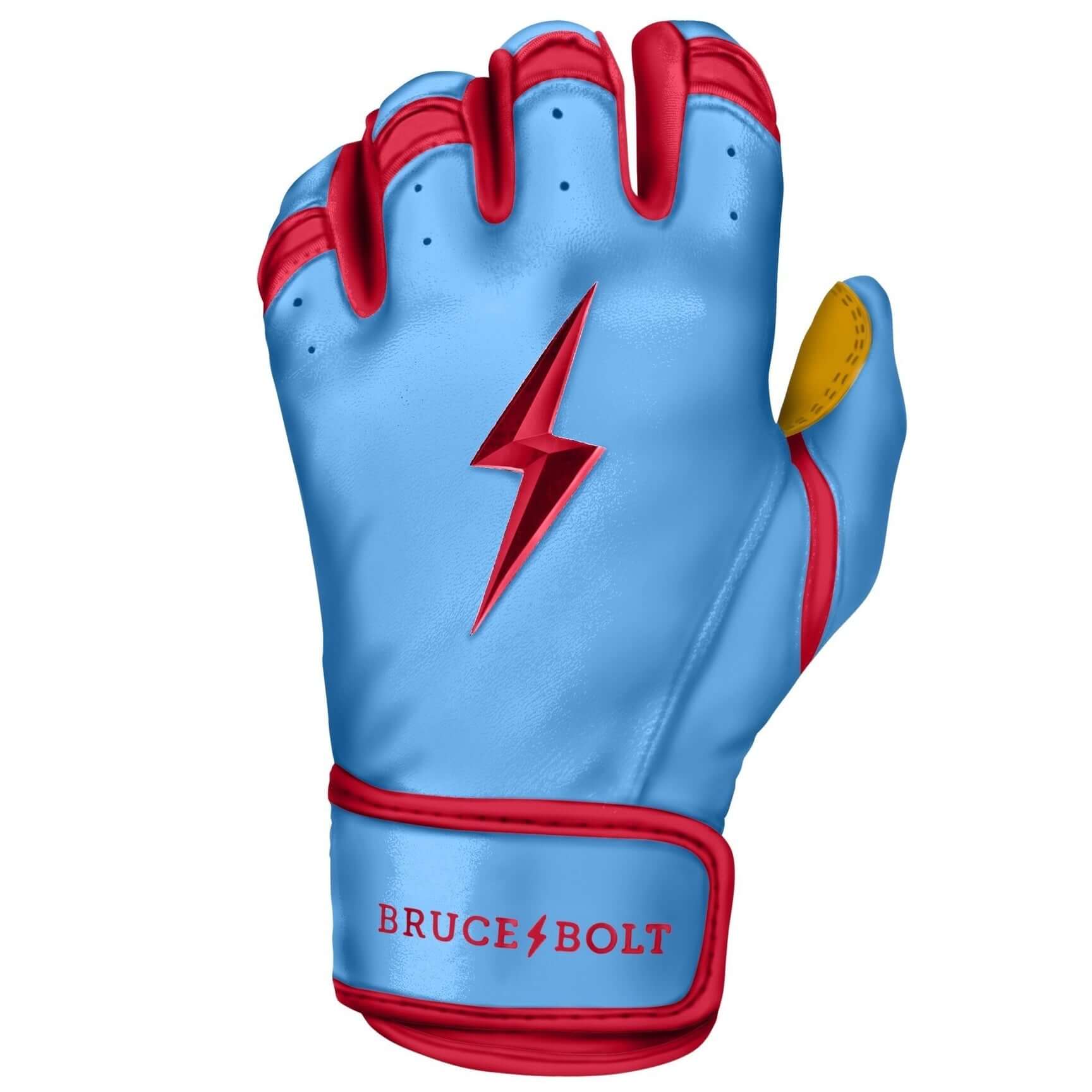 Bruce Bolt Youth Premium Pro Bader Series Short Cuff Batting Gloves in Baby Blue with red accents and lightning logo.