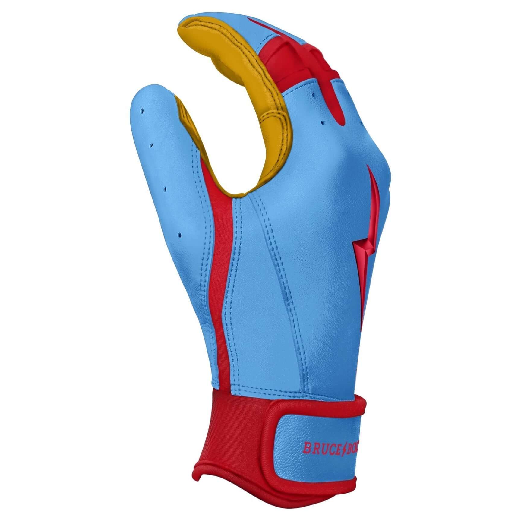 Bruce Bolt Youth Premium Pro Bader Series Short Cuff Batting Gloves in Baby Blue and Red with gold accents.