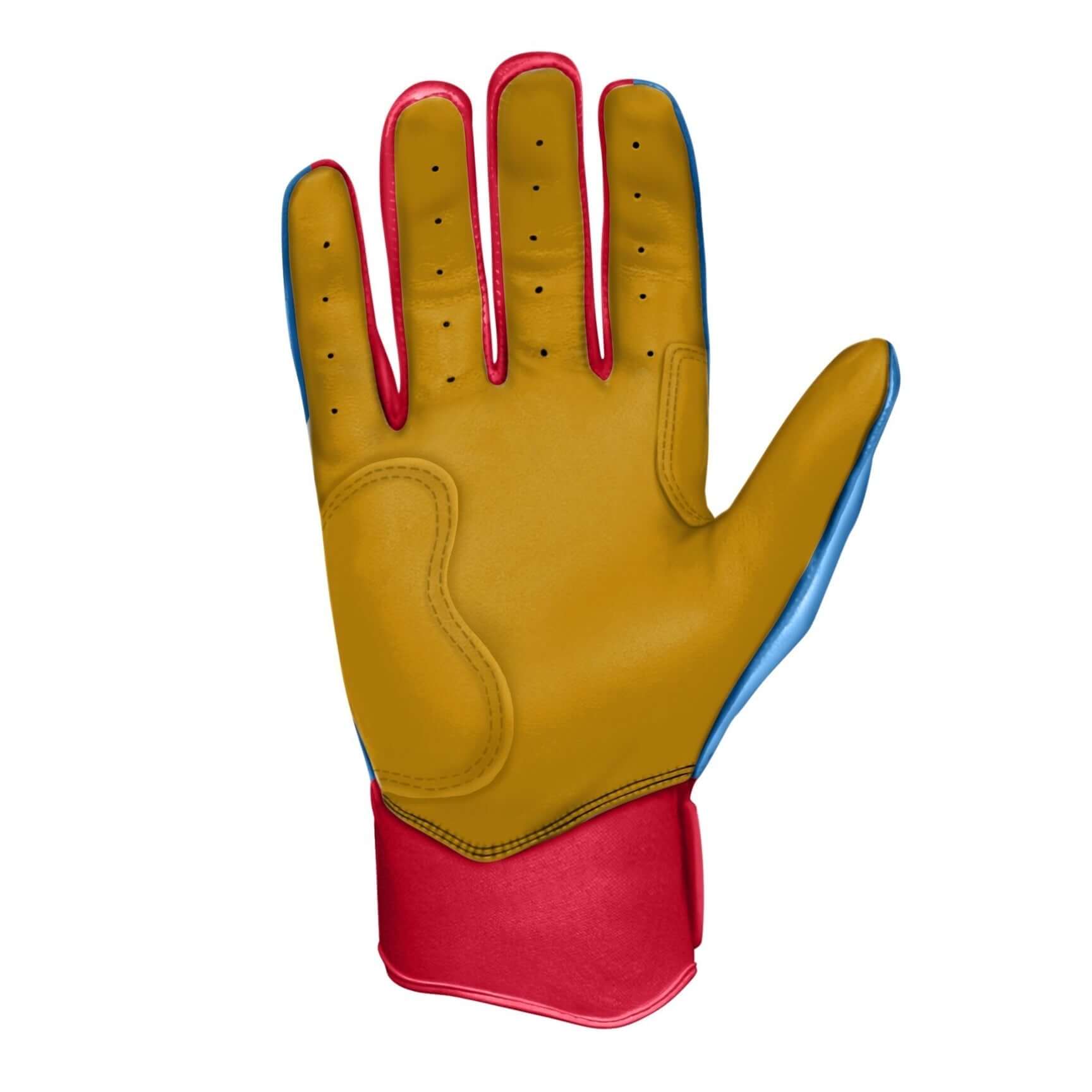 Bruce Bolt Youth Premium Pro Bader Series short cuff batting glove in baby blue and red with double reinforced gold palm.