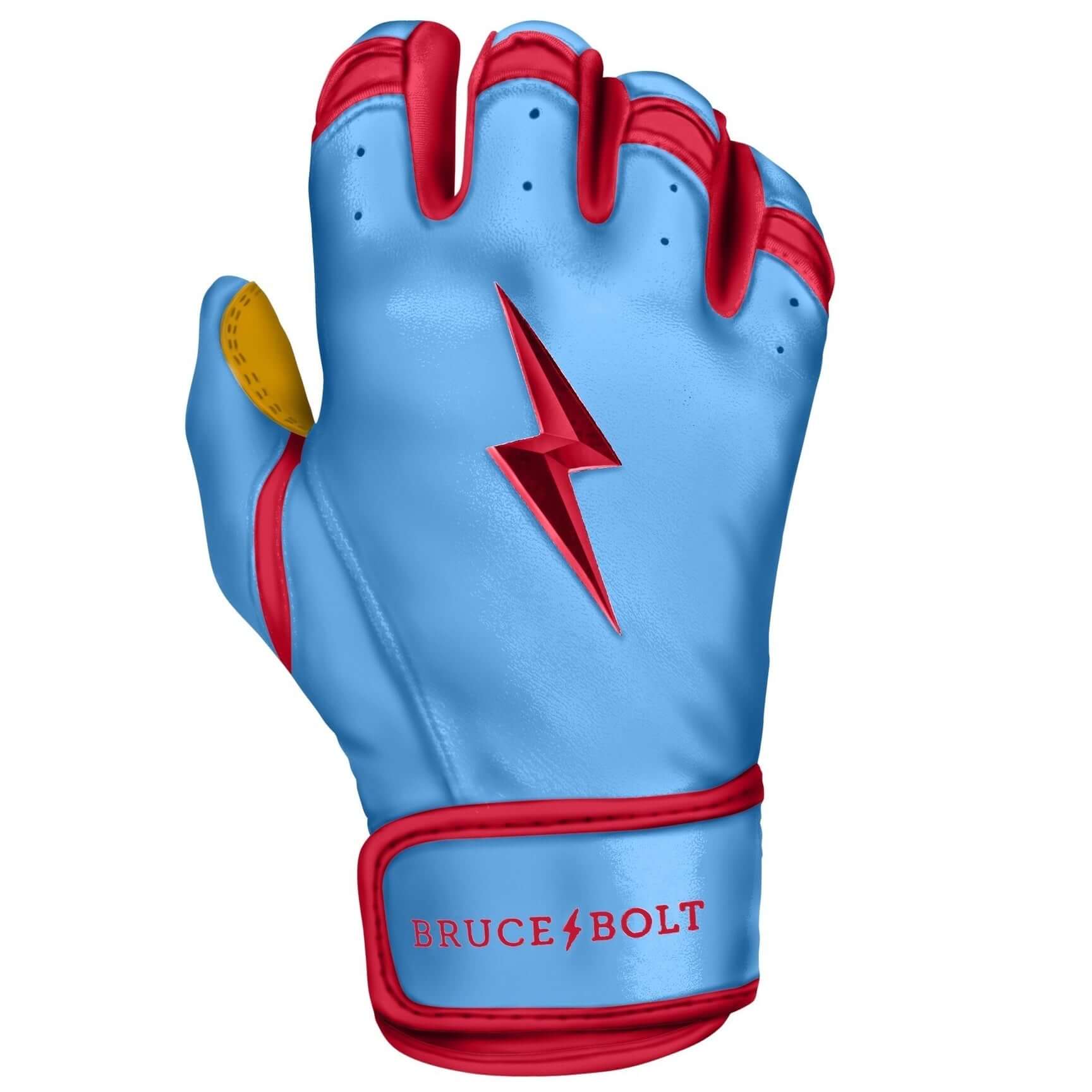 Bruce Bolt Youth Premium Pro Bader Series Short Cuff Batting Gloves in Baby Blue with red and yellow accents.