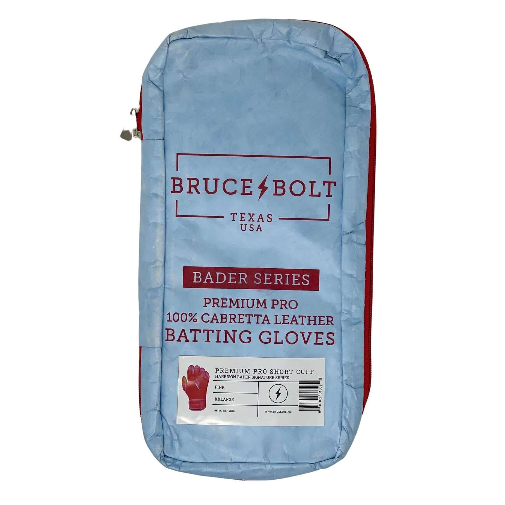 Bruce Bolt Bader Series batting gloves packaging showcasing premium 100% Cabretta leather in vibrant pink color.