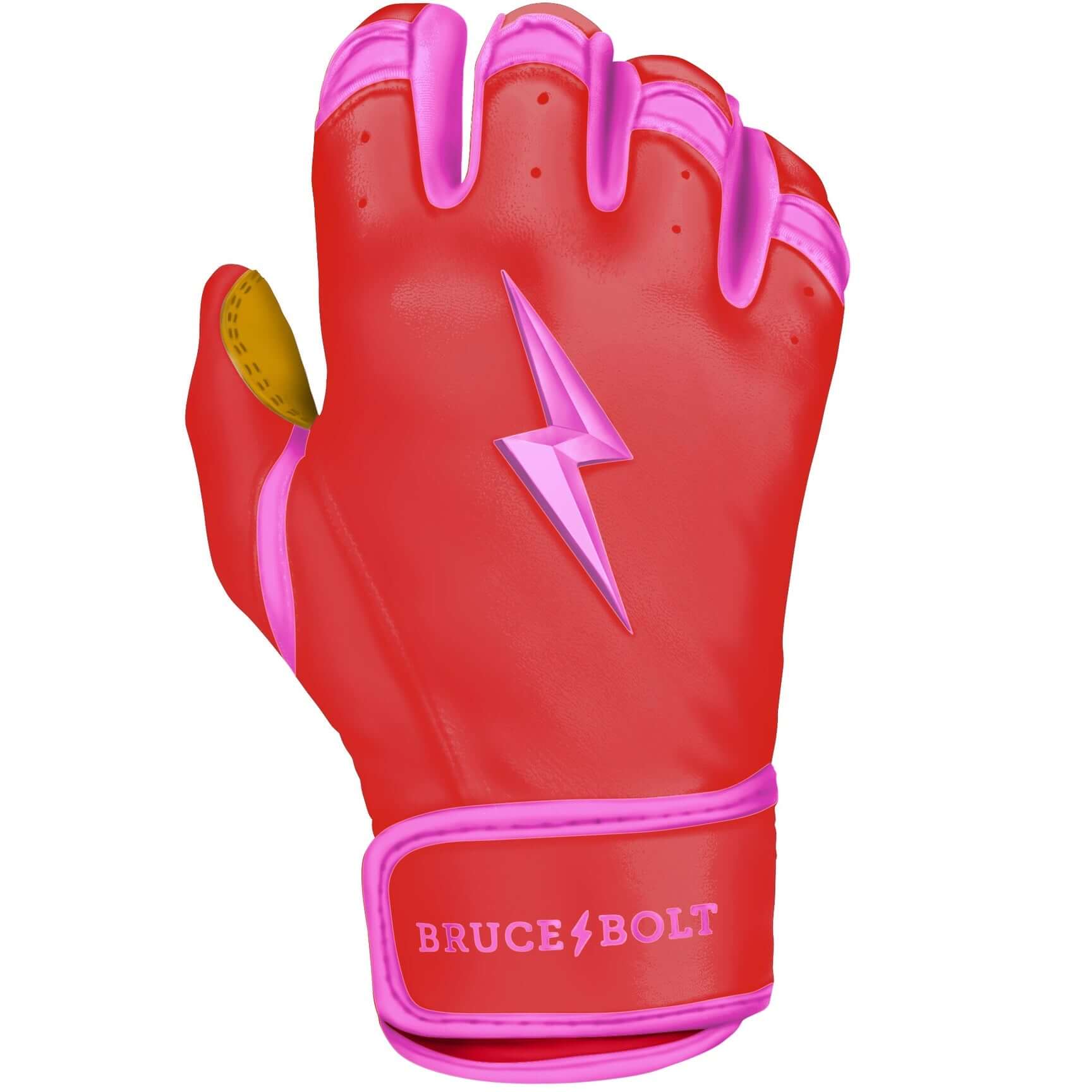 Bruce Bolt Youth Premium Pro Bader Series Short Cuff Batting Gloves in pink and red, featuring striking design and high-quality materials.