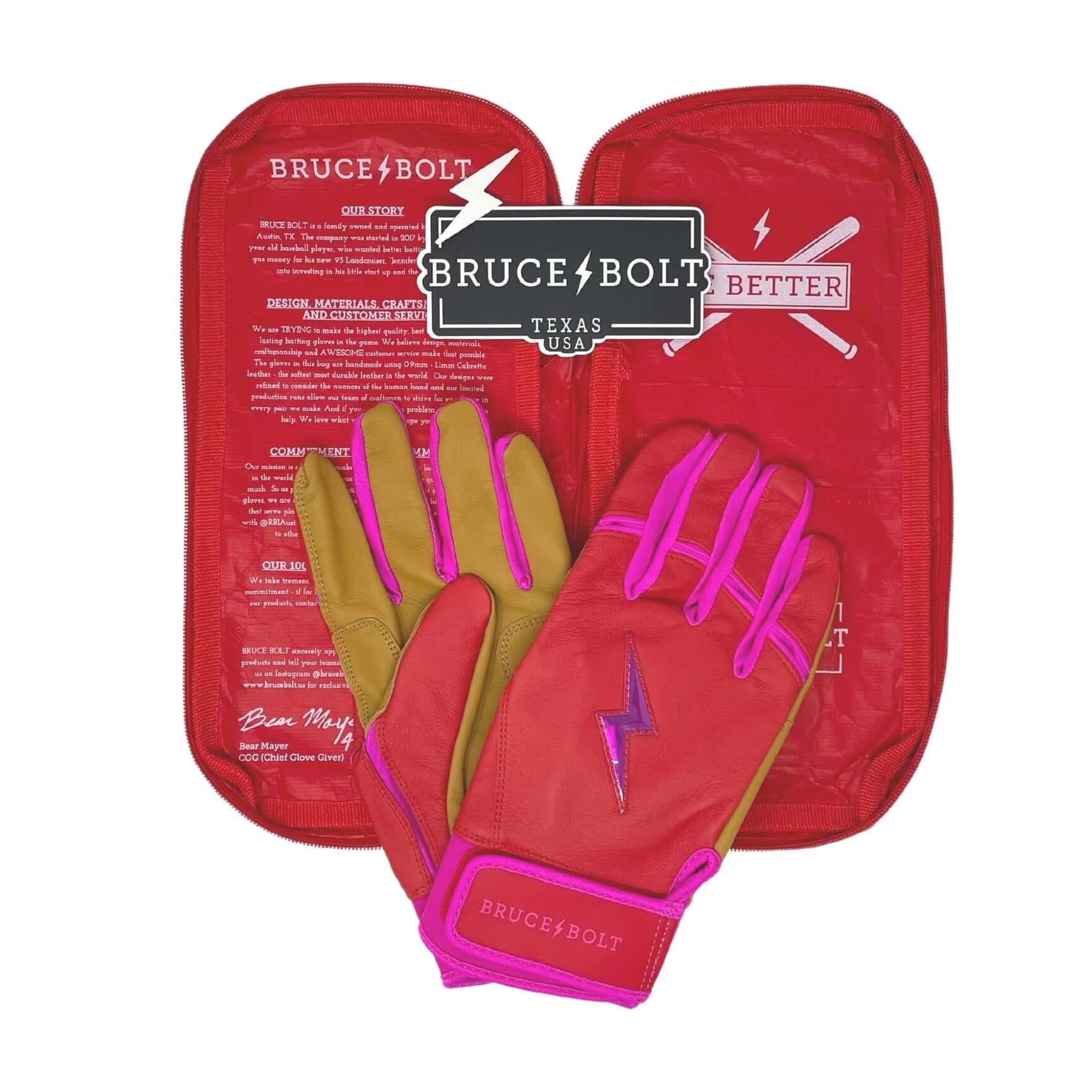 Bruce Bolt Youth Premium Pro Bader Series Short Cuff Batting Gloves in pink, showcased with red carrying case and logo.