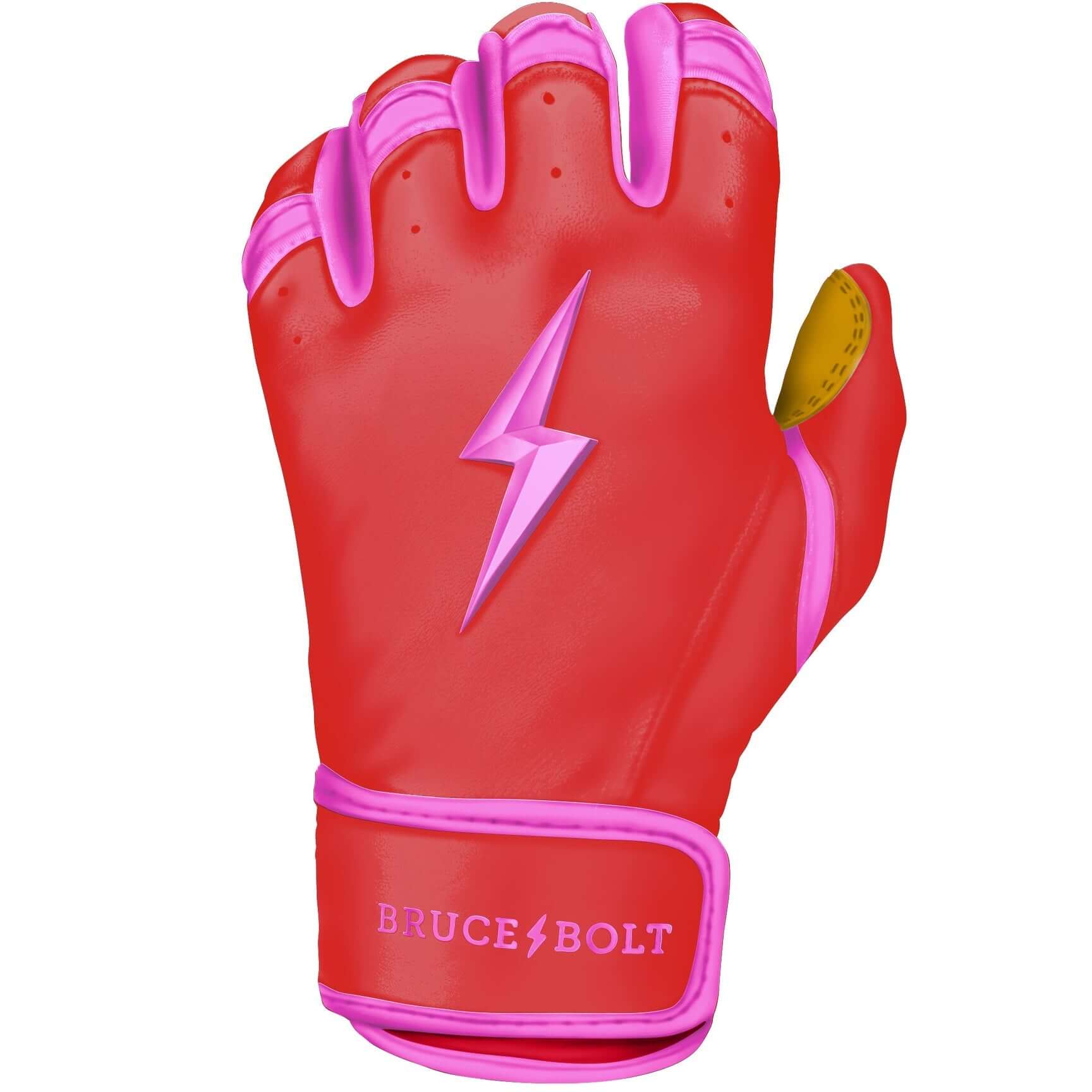 Bruce Bolt Youth Premium Pro Bader Series short cuff batting glove in vibrant pink and red, featuring durable Cabretta leather.