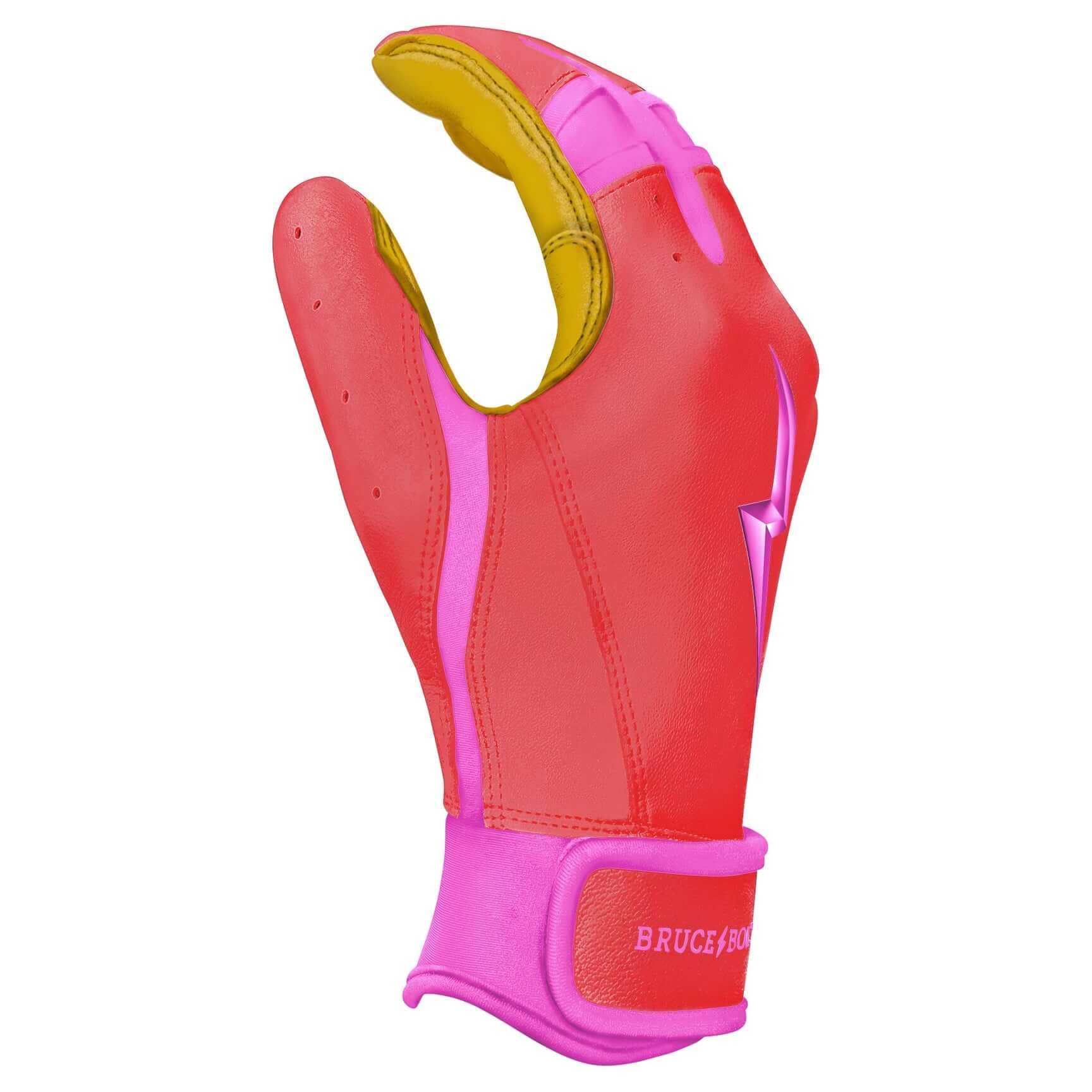Bruce Bolt Youth Premium Pro Bader Series short cuff batting glove in pink with yellow accents and reinforced palm.