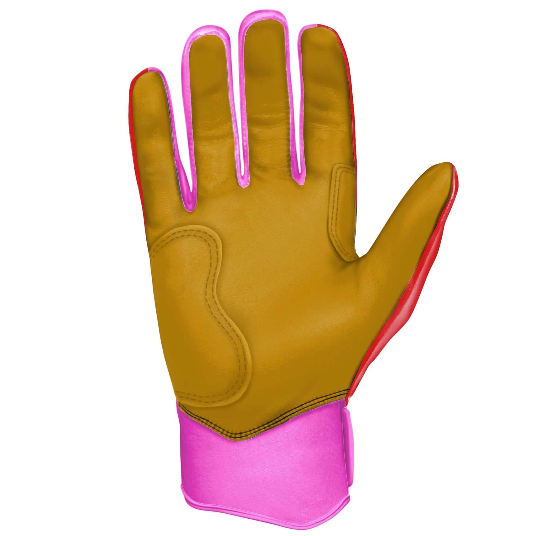 Bruce Bolt Youth Premium Pro Bader Series short cuff batting glove in pink and red with high-quality leather palm.
