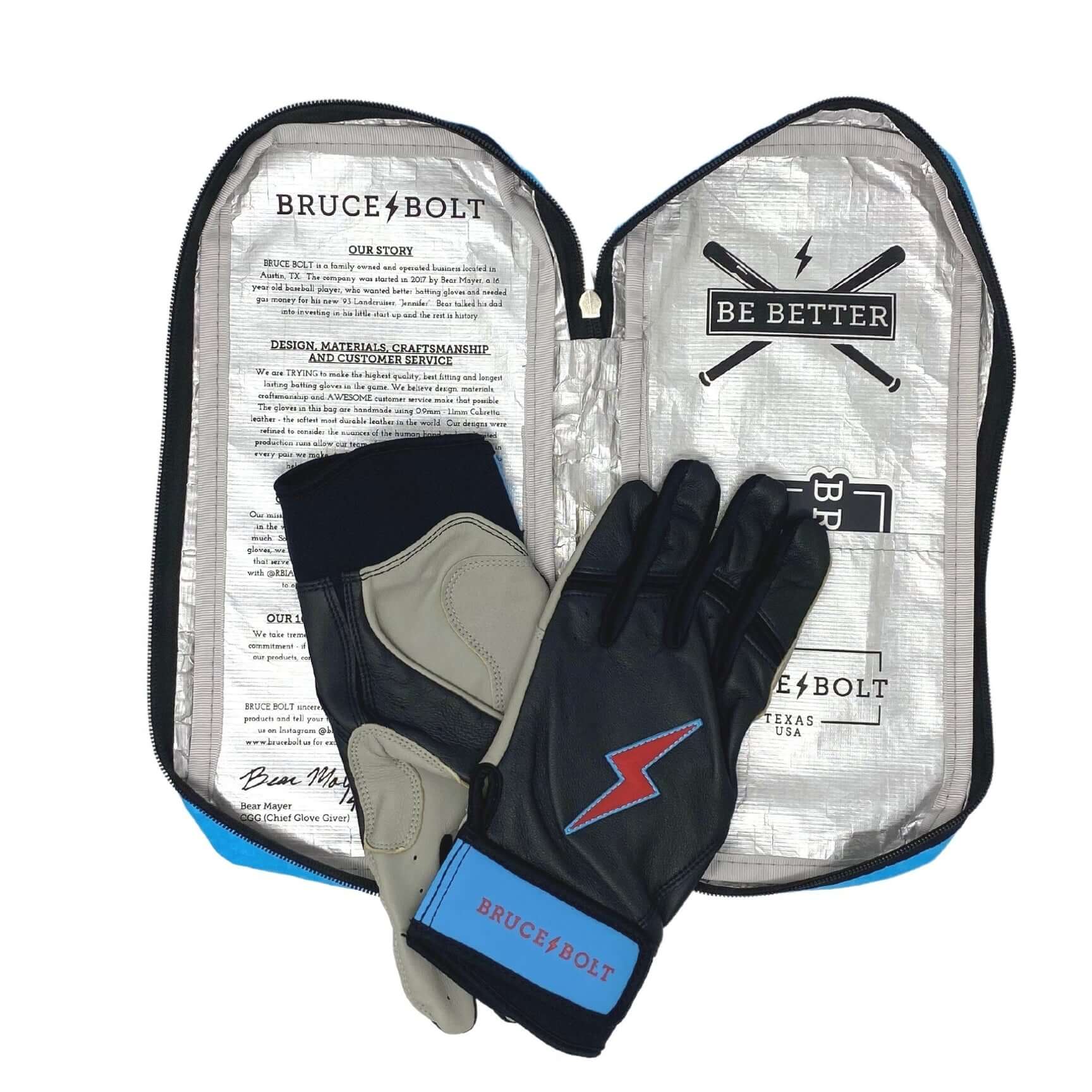 Bruce Bolt batting gloves in a protective case, featuring high-quality craftsmanship and premium design.