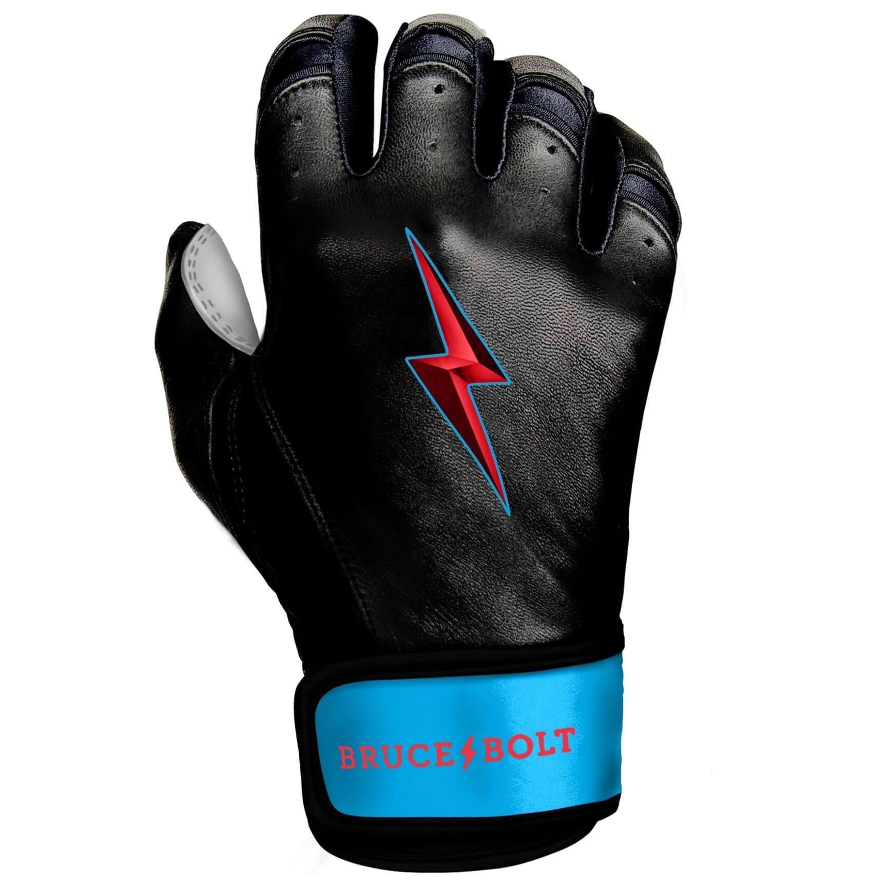 Bruce Bolt Premium Pro Brinson Series Black Short Cuff Batting Gloves with red lightning logo on hand.